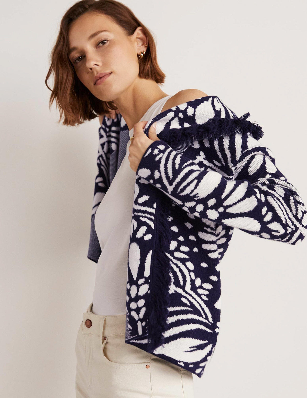 Fringed Jacquard Knit Jacket-Navy, Oriental Diamond-2