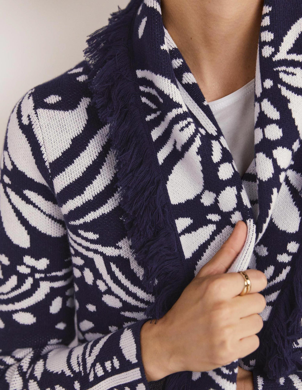 Fringed Jacquard Knit Jacket-Navy, Oriental Diamond-3