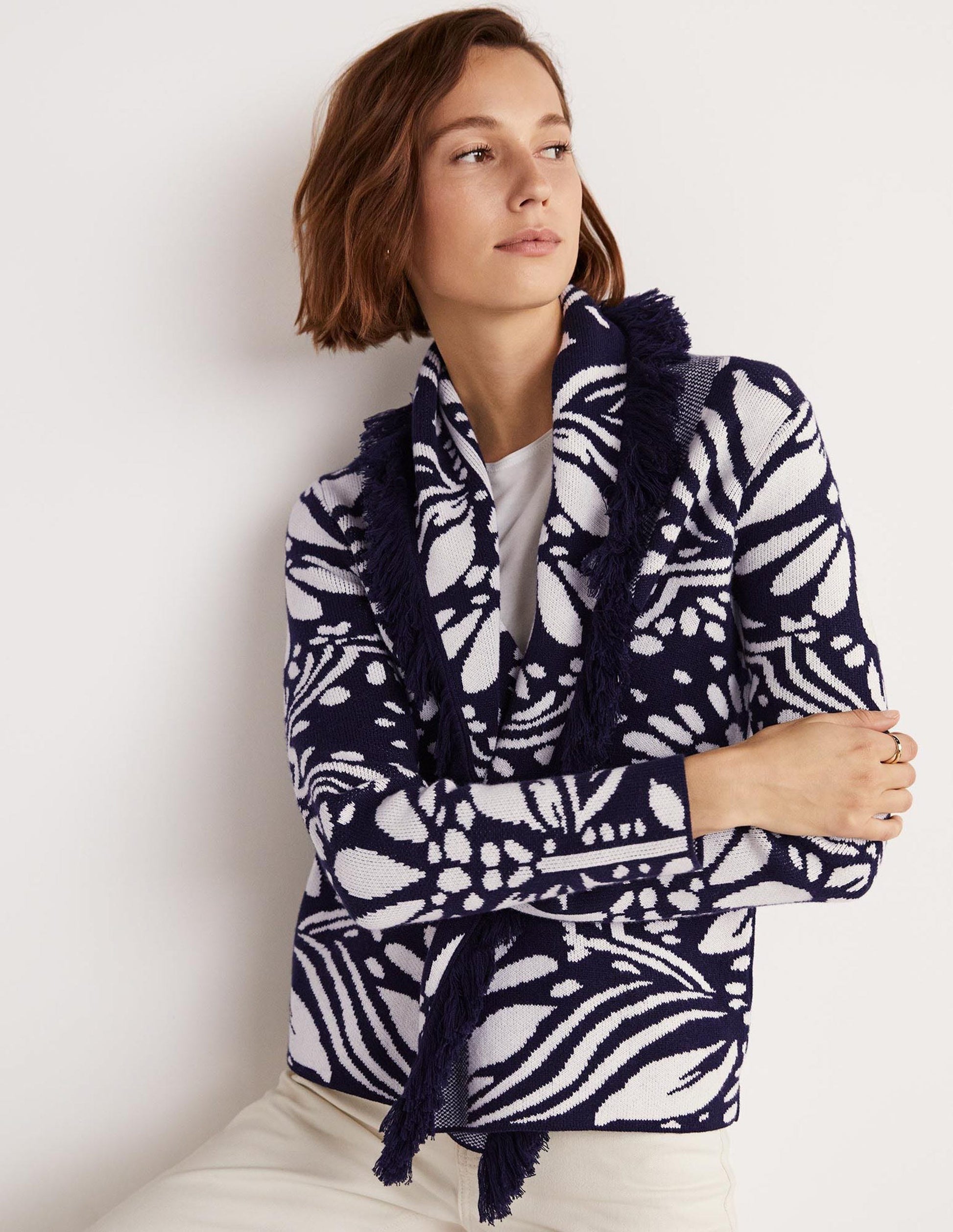 Fringed Jacquard Knit Jacket-Navy, Oriental Diamond-5