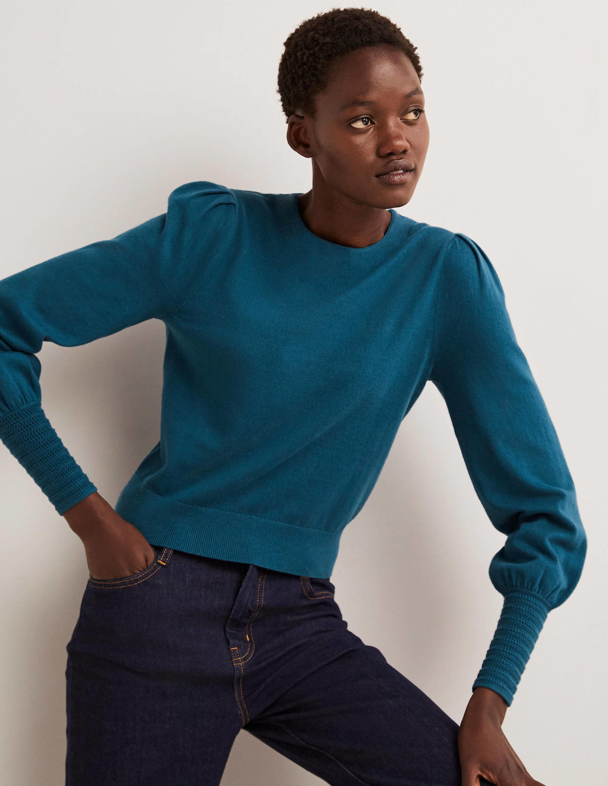 Pointelle Detail Sweater-Baltic Blue-1
