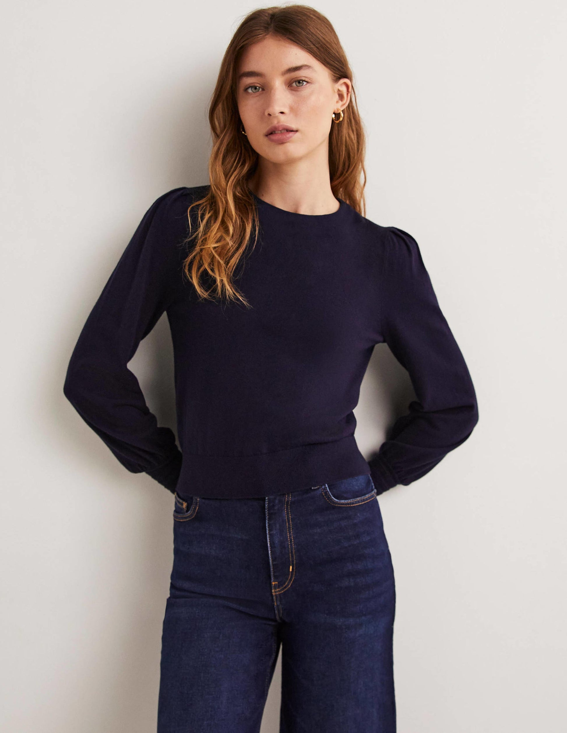 Pointelle Detail Sweater-Navy-1