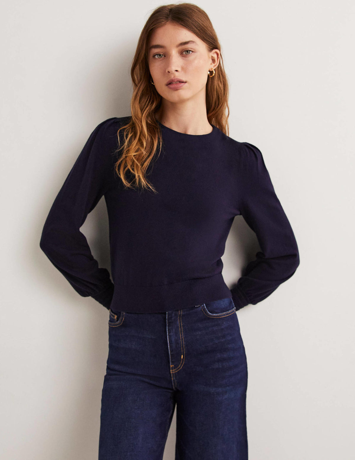 Pointelle Detail Sweater-Navy - Image 1