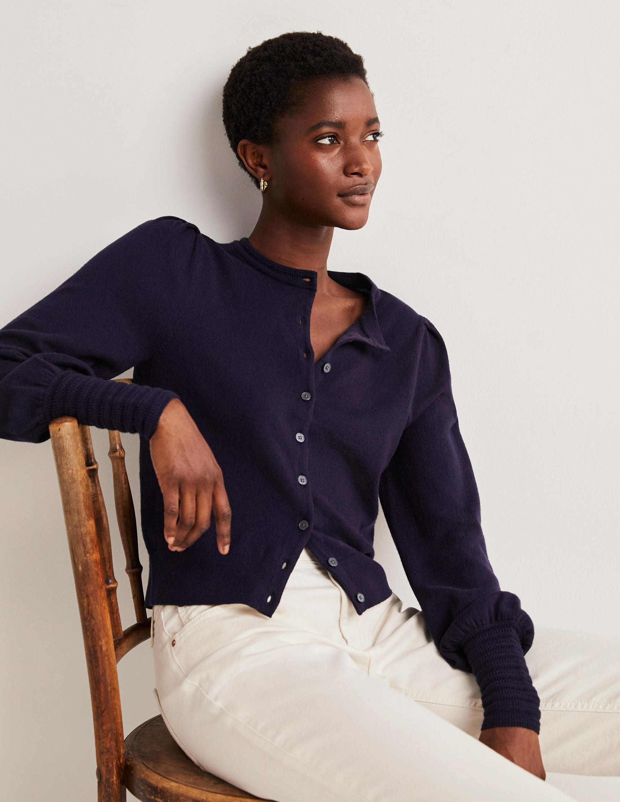 Pointelle Detail Cardigan-Navy - Image 1