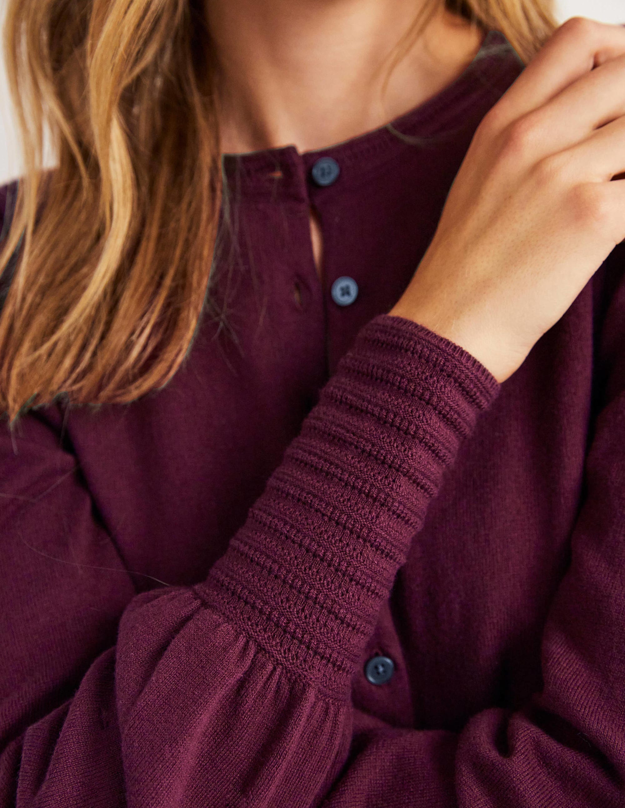 Pointelle Detail Cardigan-Mulled Wine Purple - Image 2