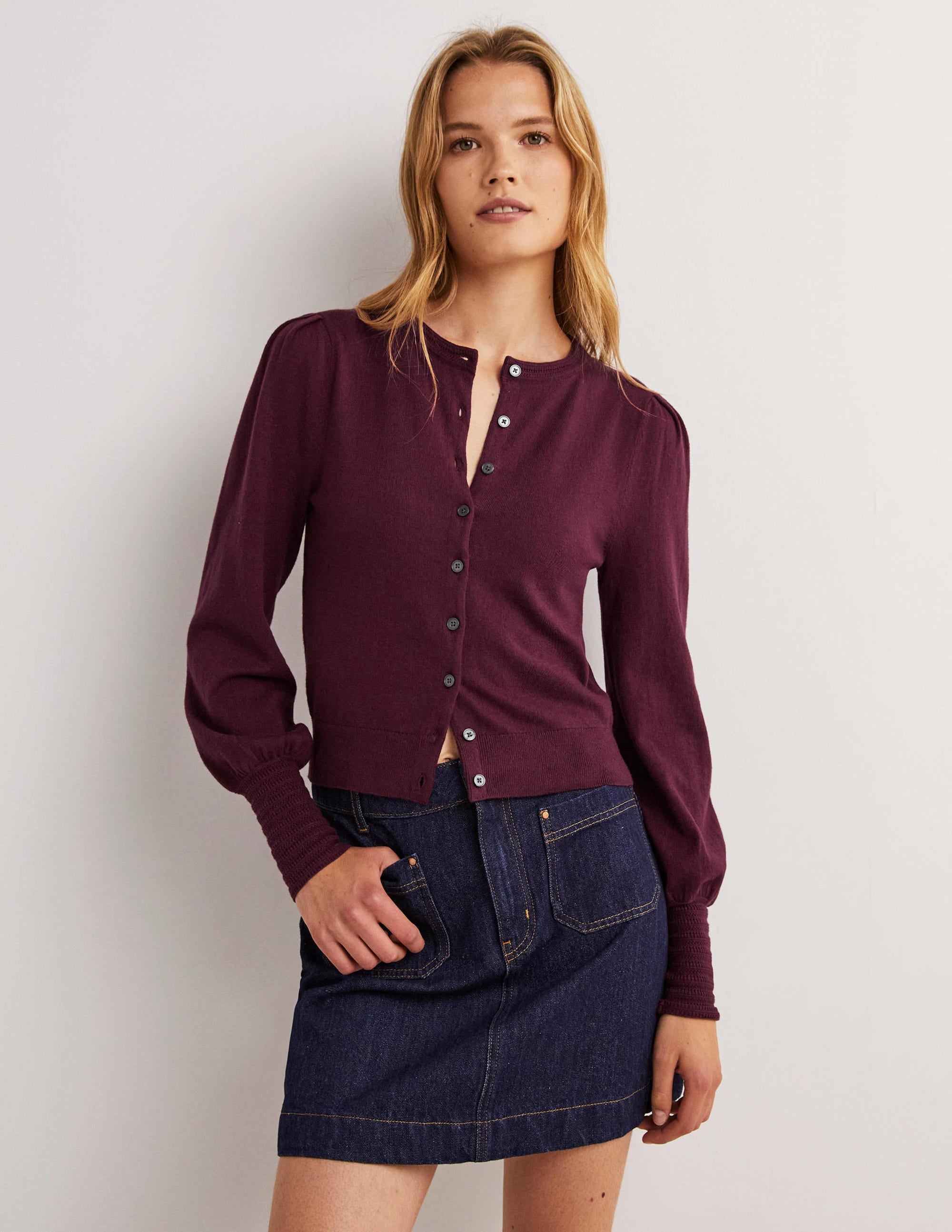 Pointelle Detail Cardigan-Mulled Wine Purple - Image 4