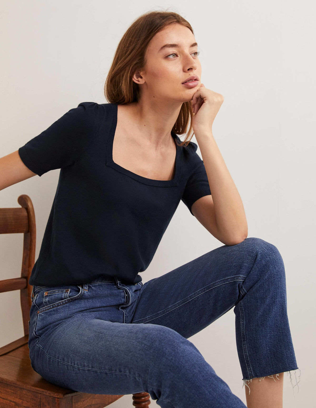 Cotton Square Neck Knitted Top-Navy - Image 1