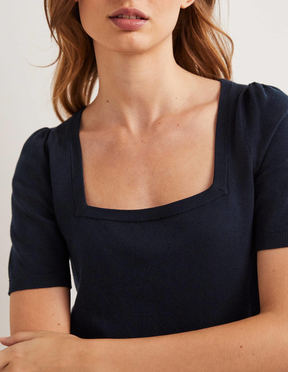 Cotton Square Neck Knitted Top-Navy-2