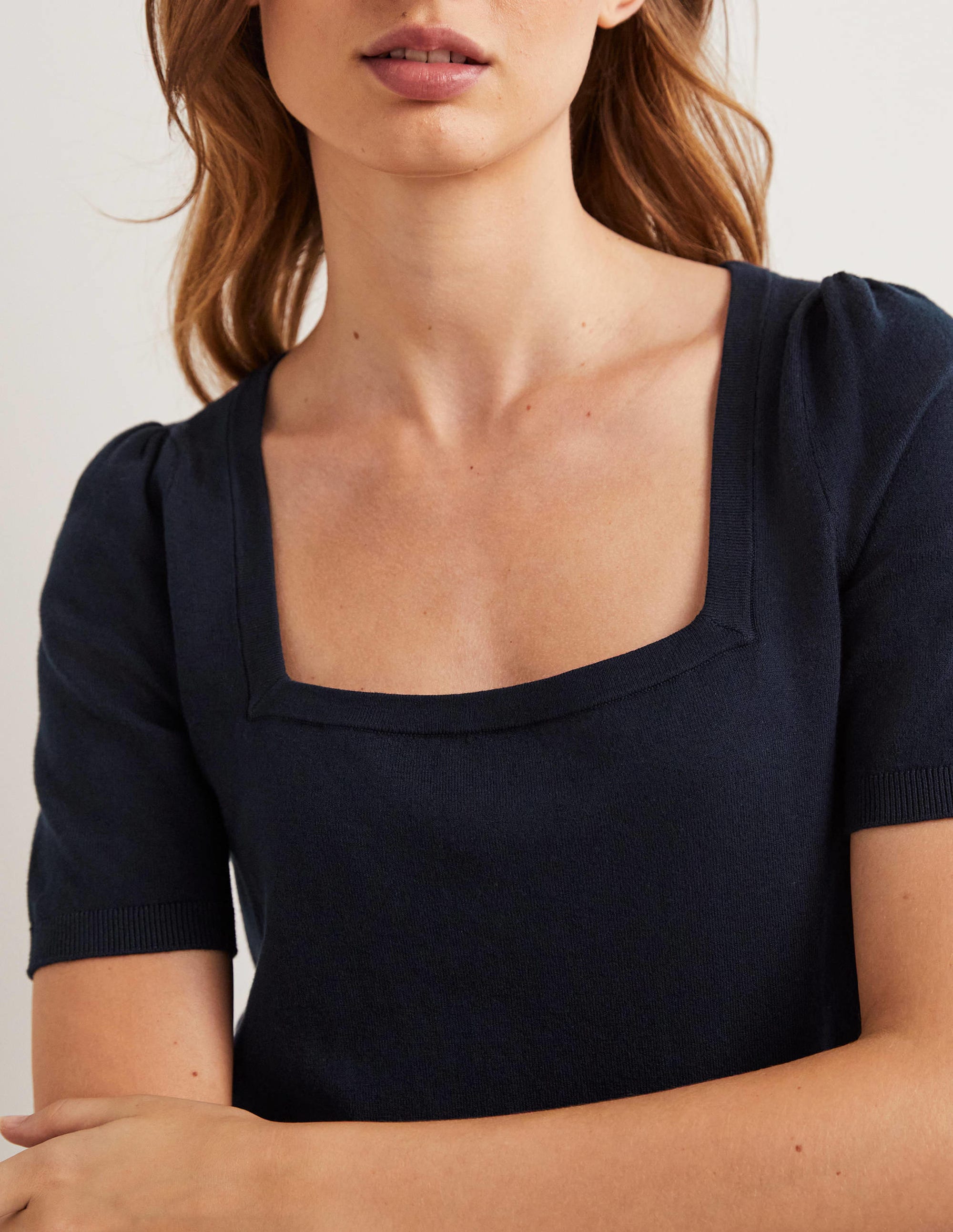 Cotton Square Neck Knitted Top-Navy - Image 2