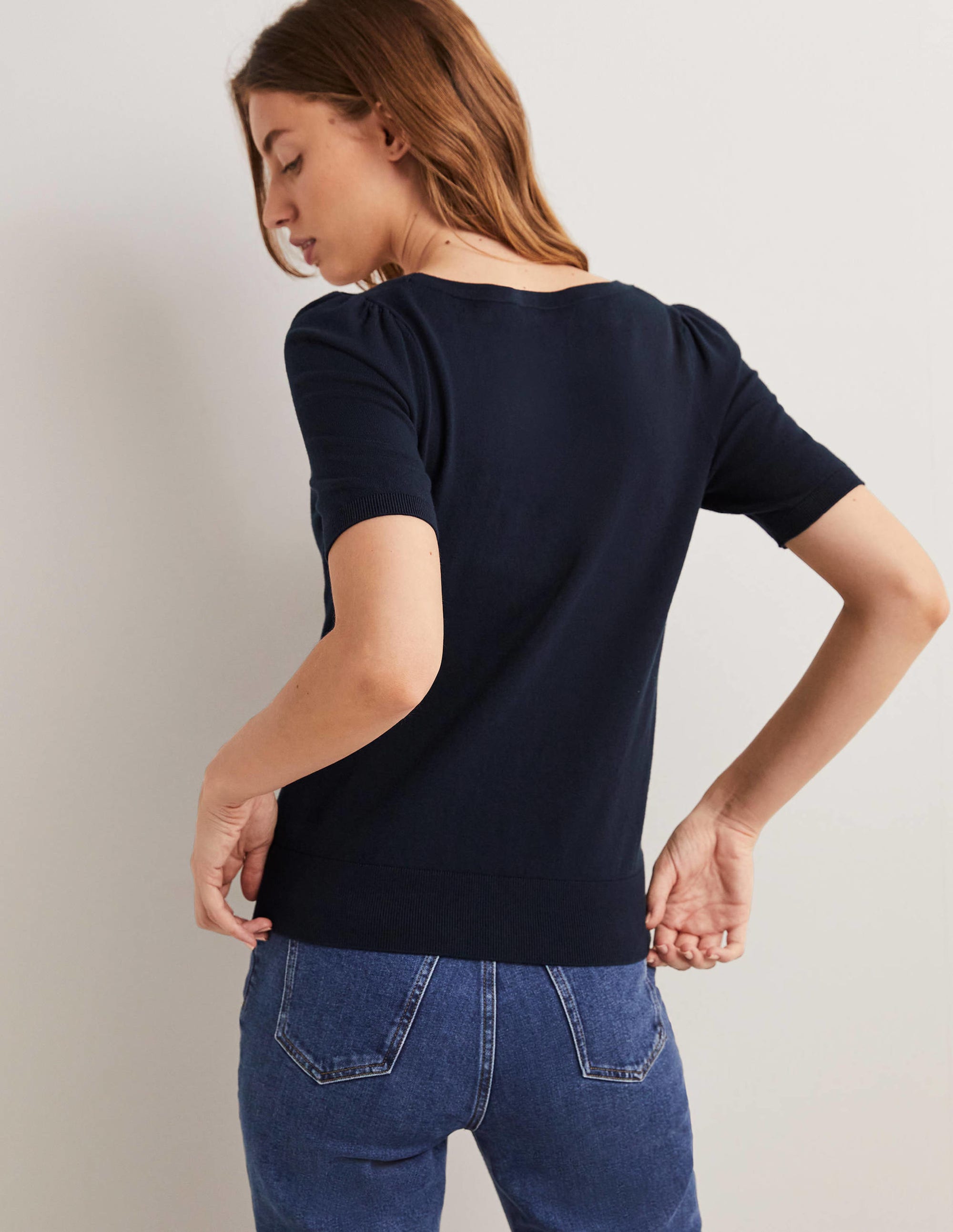 Cotton Square Neck Knitted Top-Navy - Image 3
