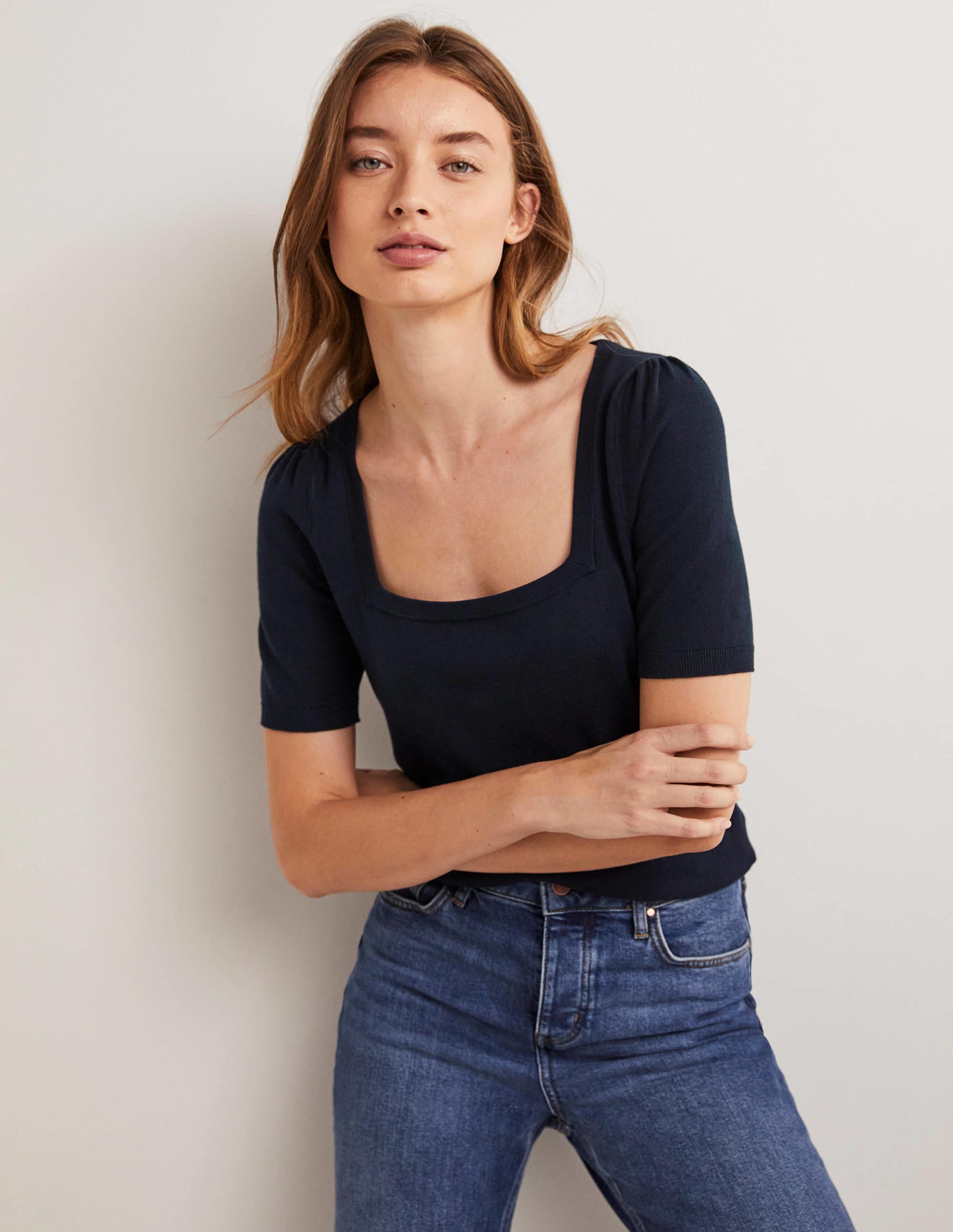 Cotton Square Neck Knitted Top-Navy - Image 4