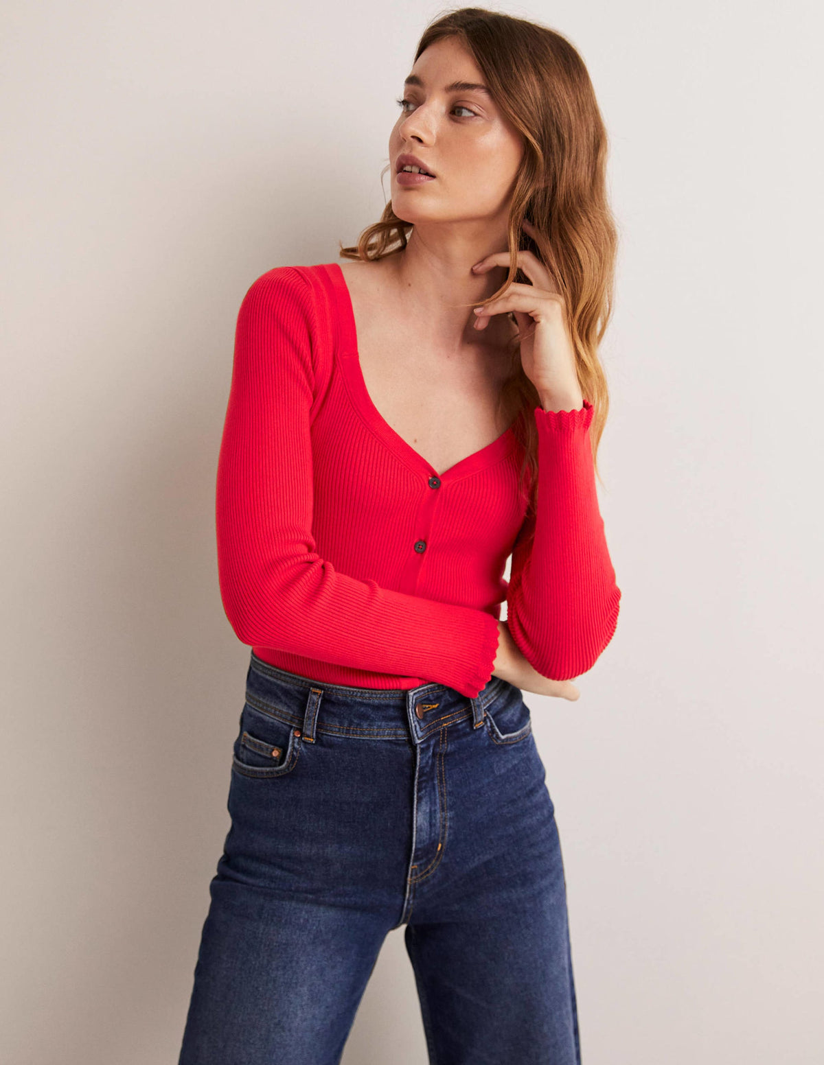 Ribbed Sweetheart Cardigan-Strawberry Tart Red-1