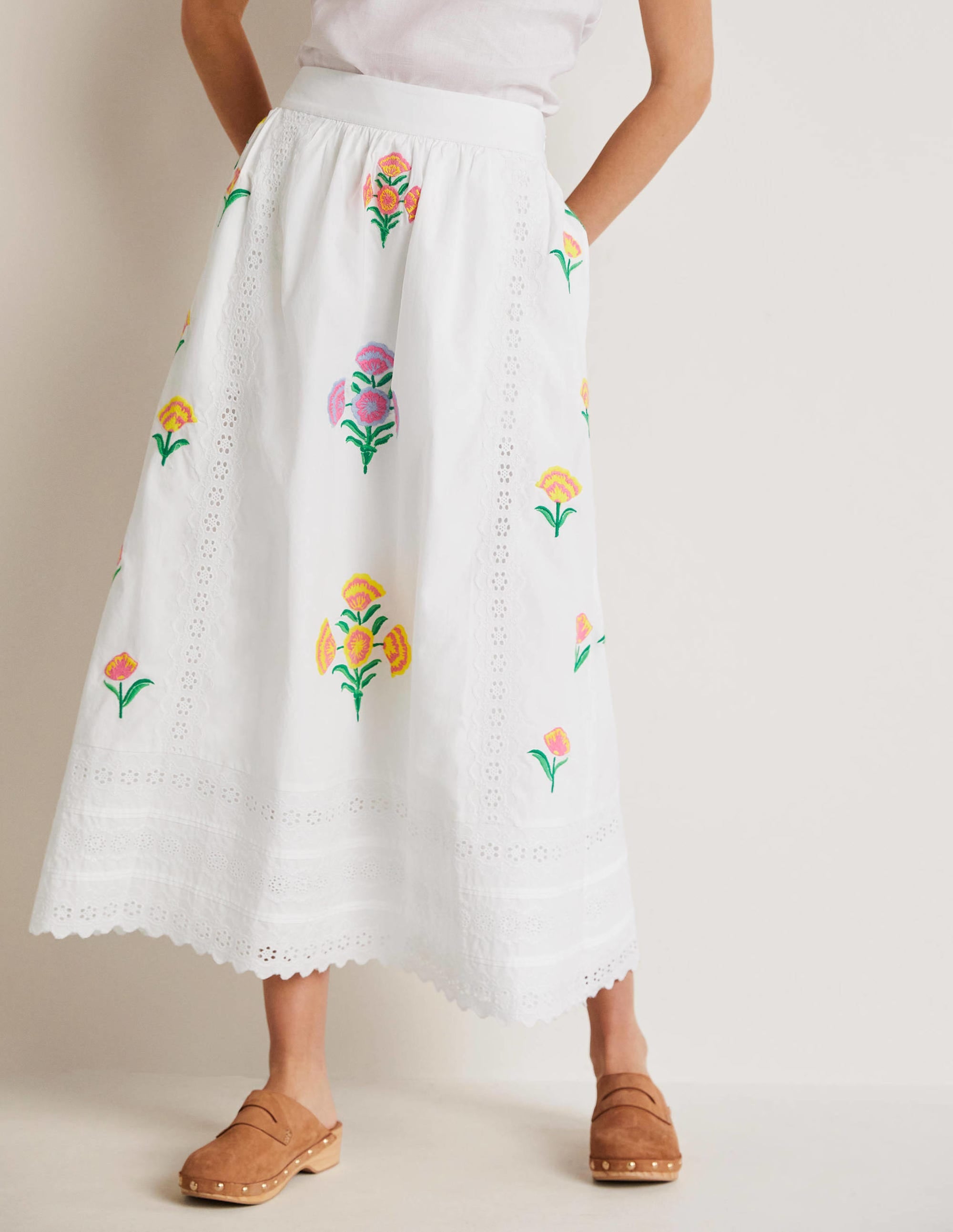 Embroidered Full Midi Skirt-White, Embroidered - Image 9