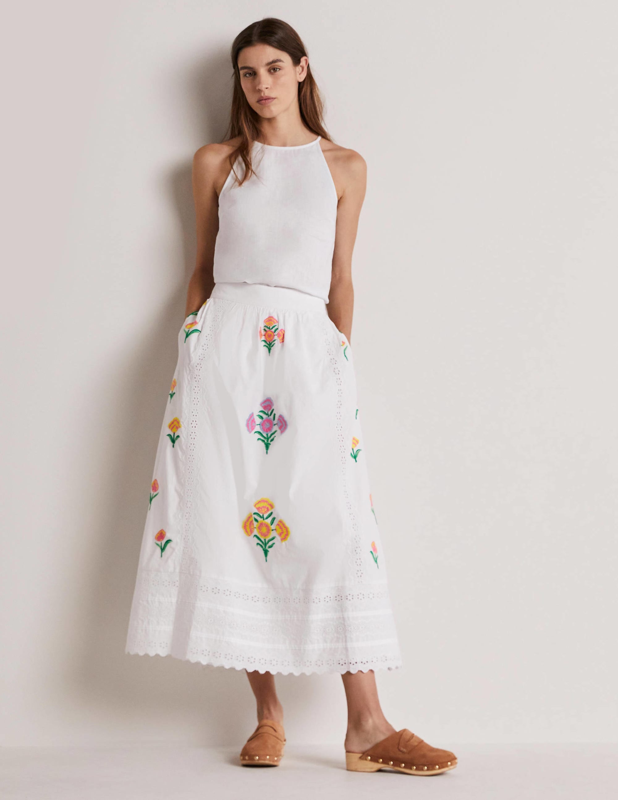 Embroidered Full Midi Skirt-White, Embroidered - Image 1