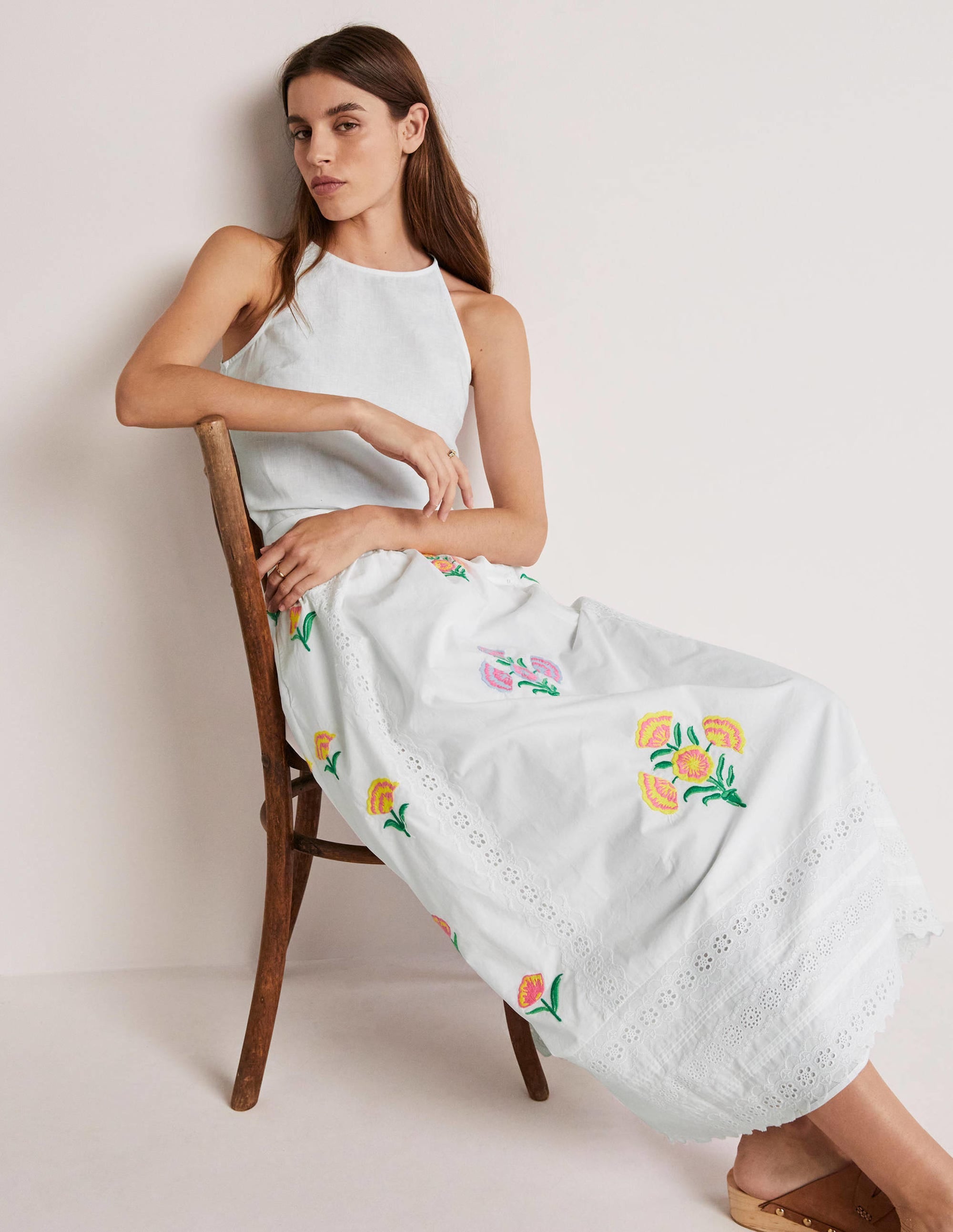 Embroidered Full Midi Skirt-White, Embroidered - Image 5