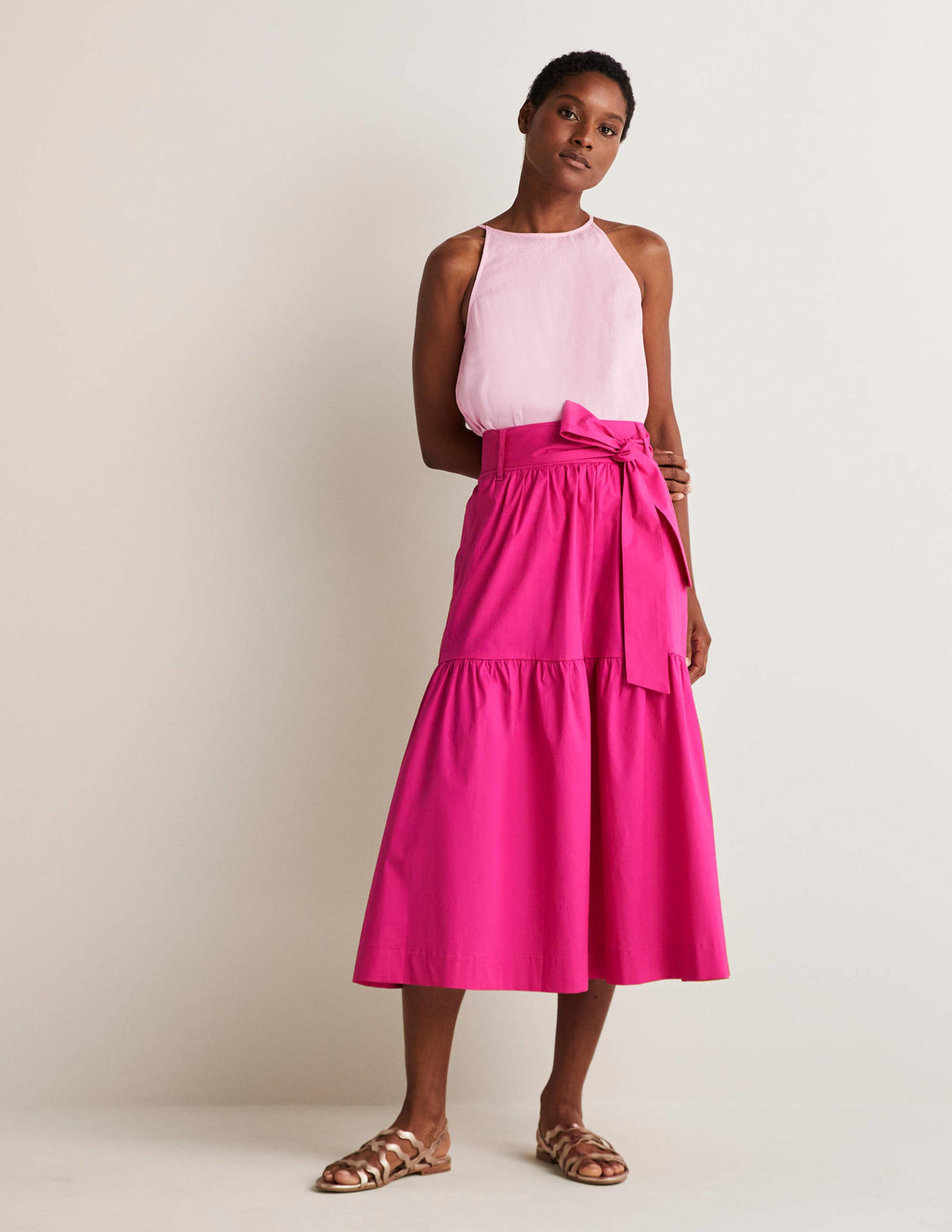 Tiered Belted Midi Skirt-Wild Watermelon Pink-1