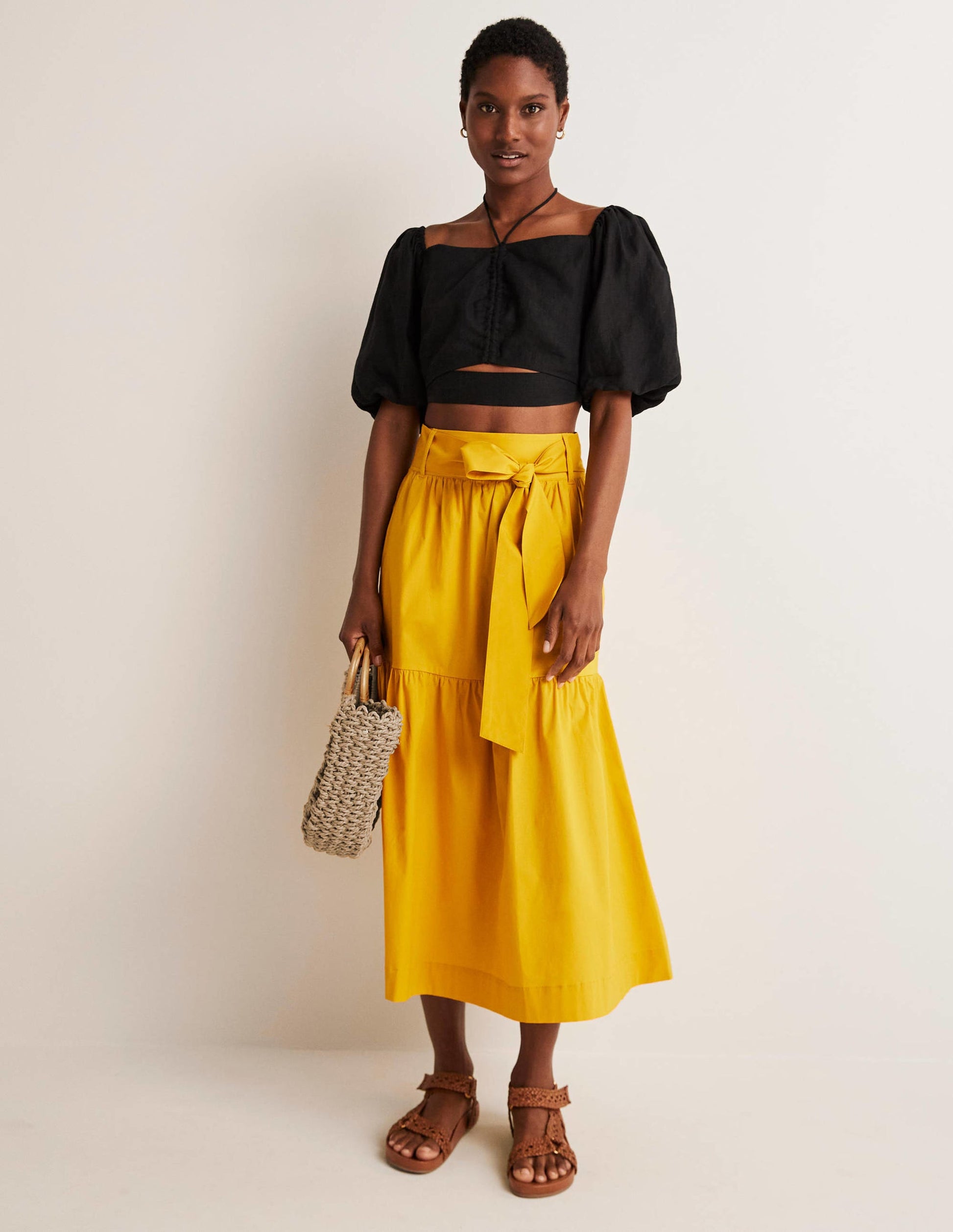 Tiered Belted Midi Skirt-Honeycomb-5