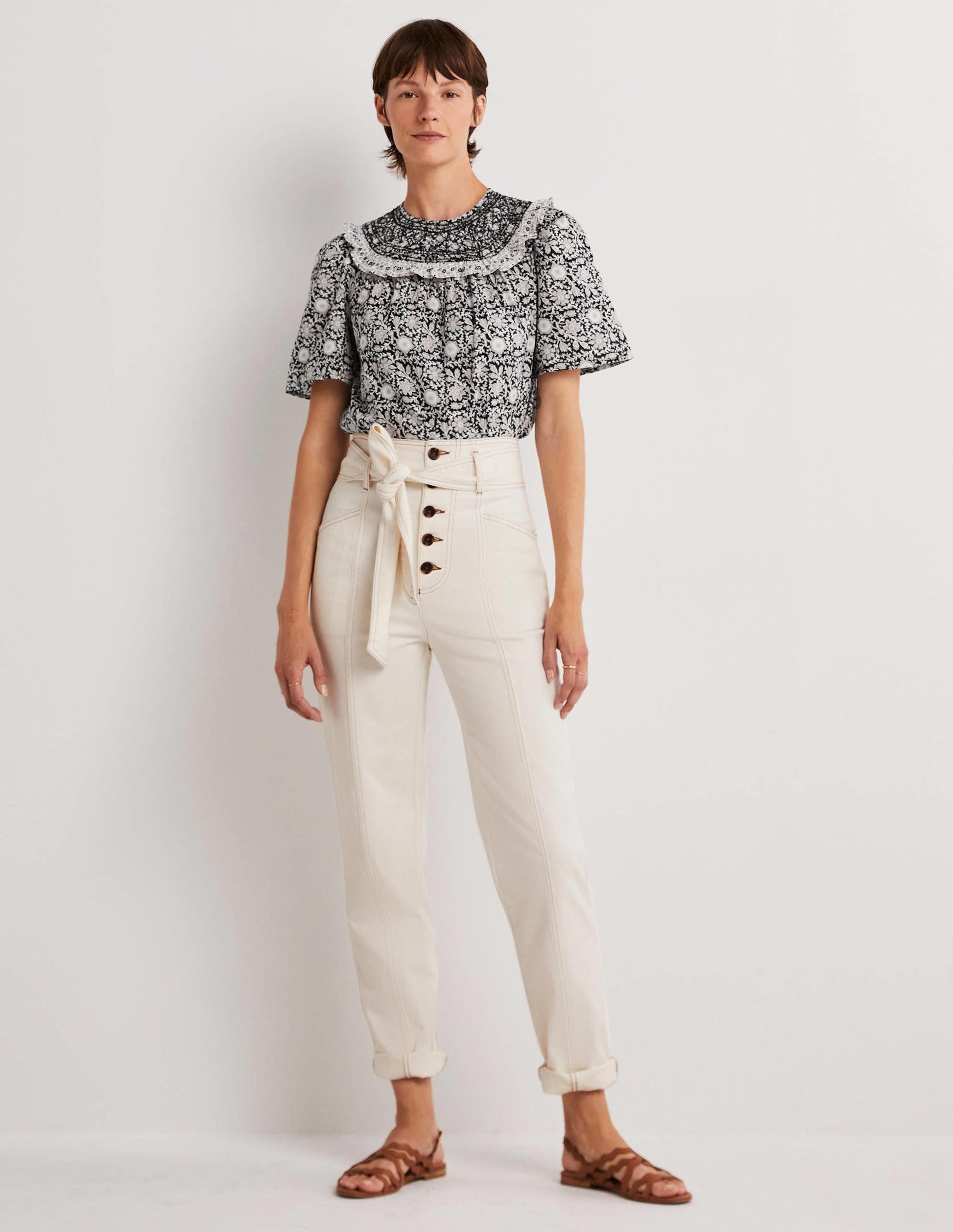 Belted High Rise Jeans-Ecru-1