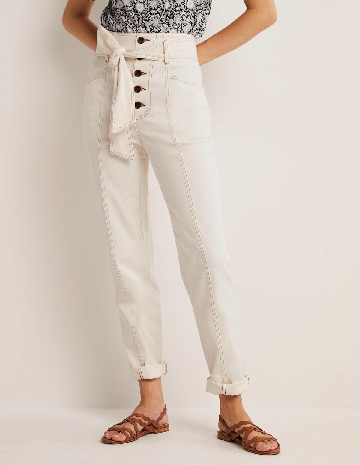 Belted High Rise Jeans-Ecru-4