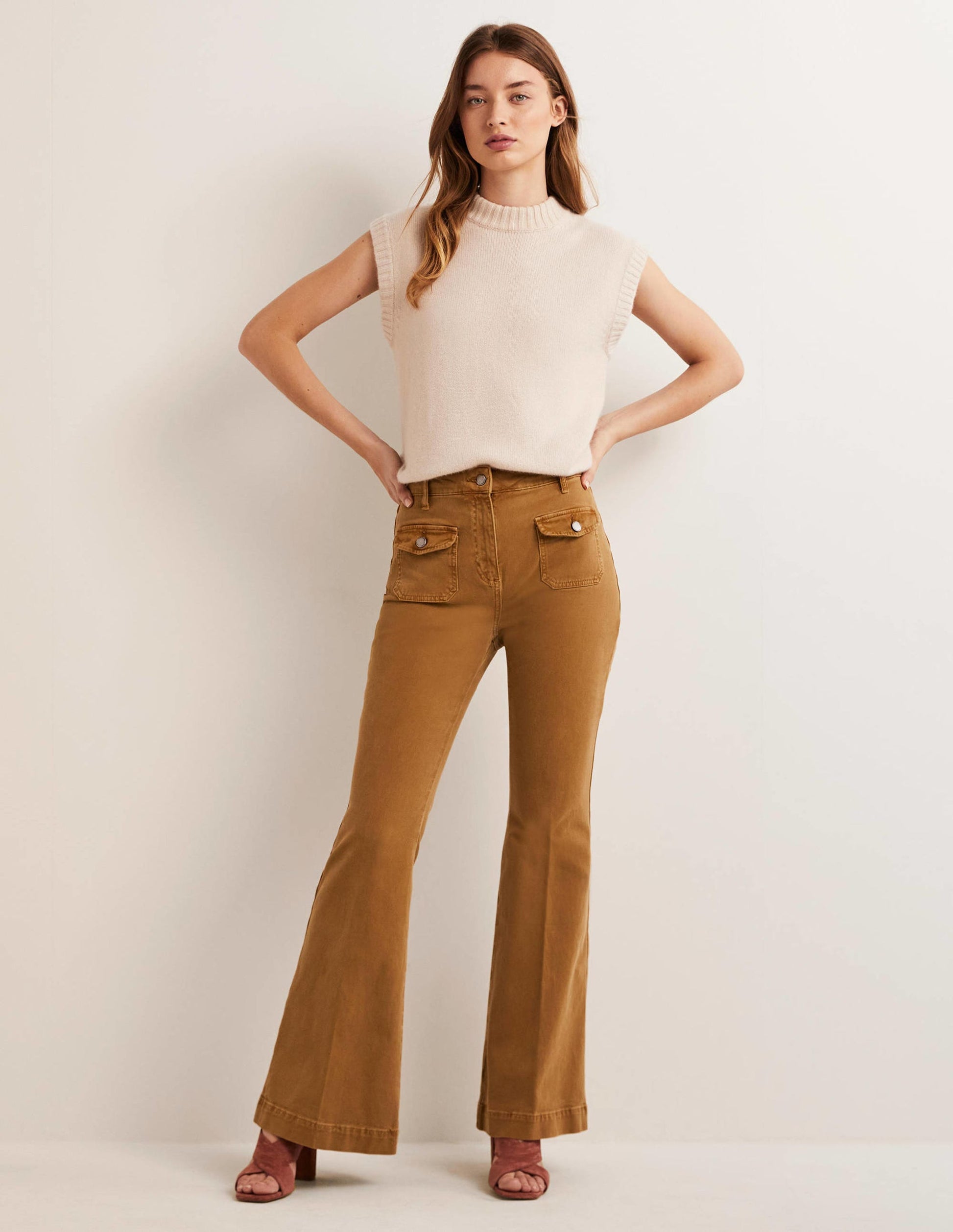 High Waist Flare Pants-Butterscotch Brown-1