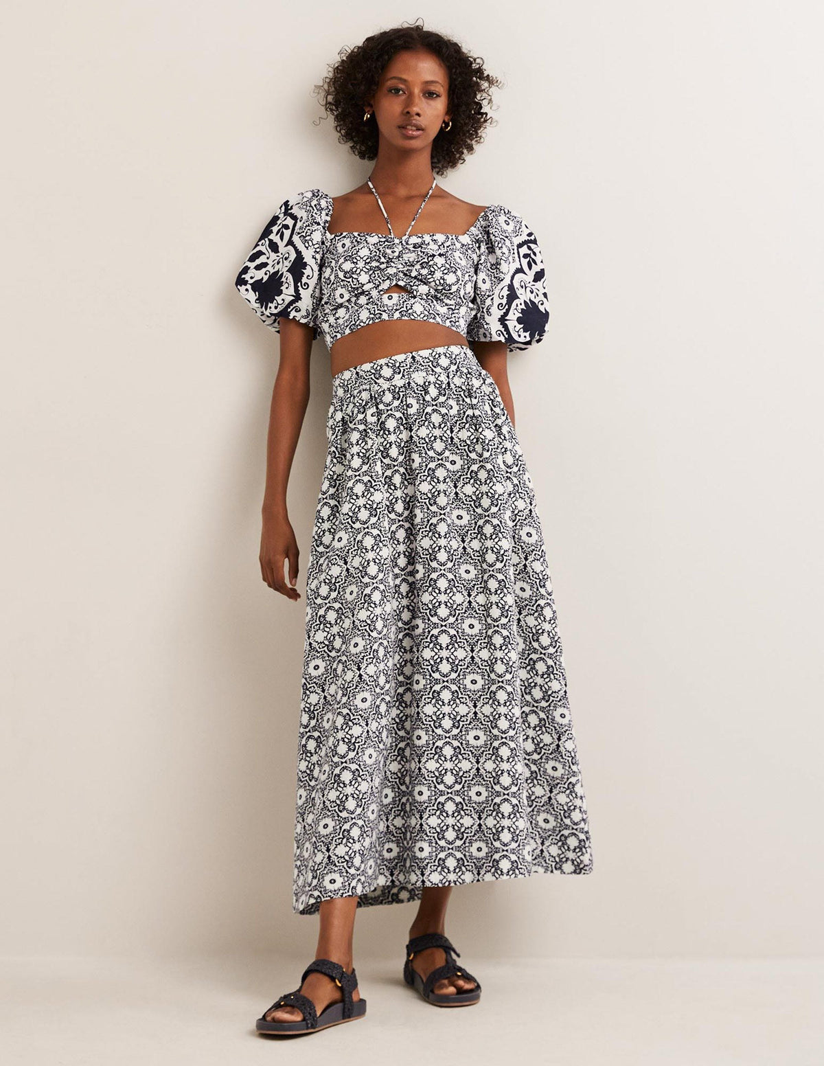 Linen Midi Skirt-French Navy, Bloomsbury Mono - Image 1
