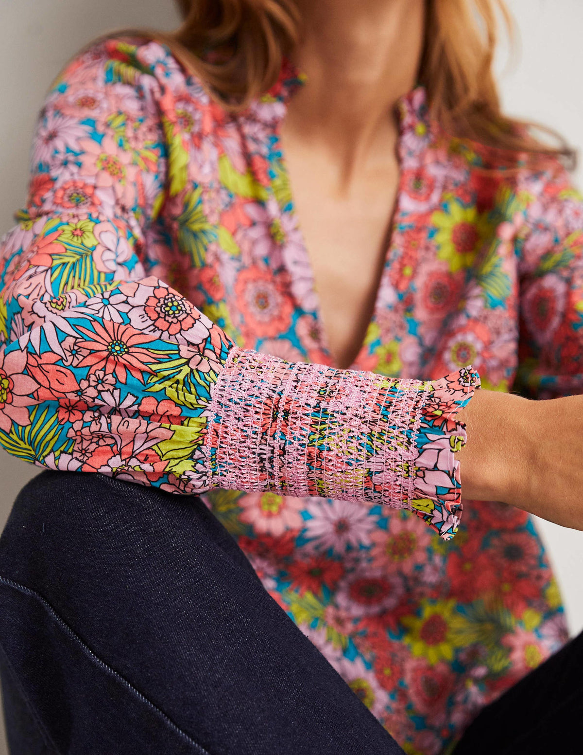 Smocked Cuff Printed Top-Bonbon Pink, Bloom Garden - Image 6