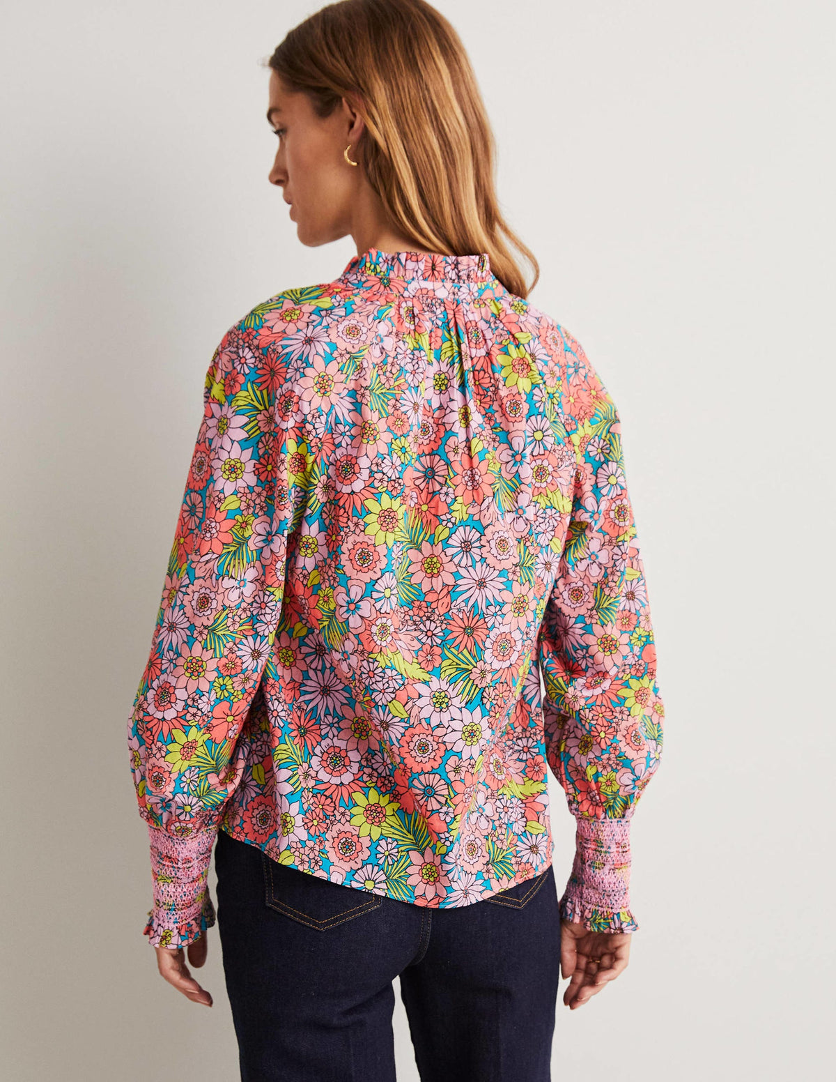 Smocked Cuff Printed Top-Bonbon Pink, Bloom Garden-7