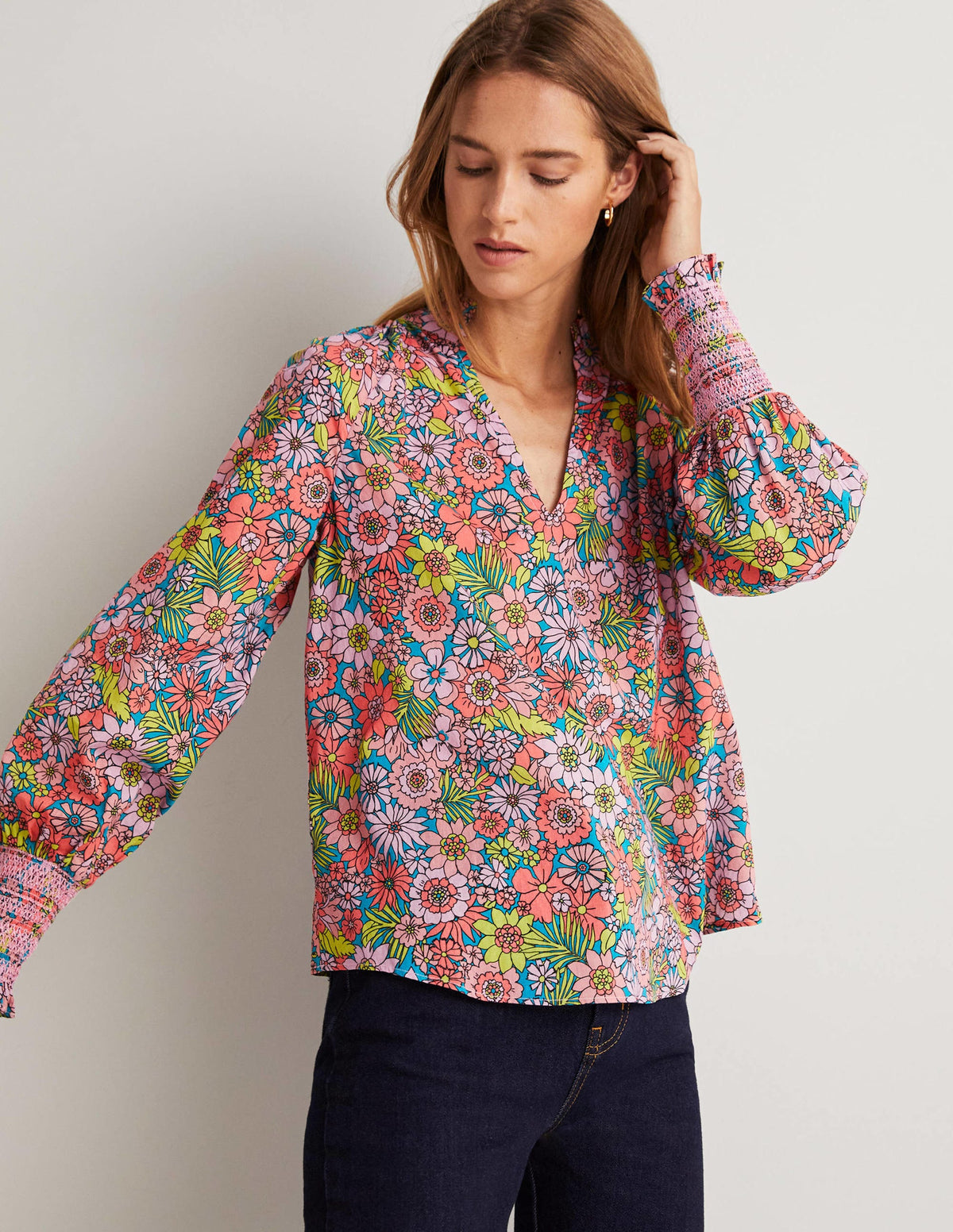 Smocked Cuff Printed Top-Bonbon Pink, Bloom Garden-8