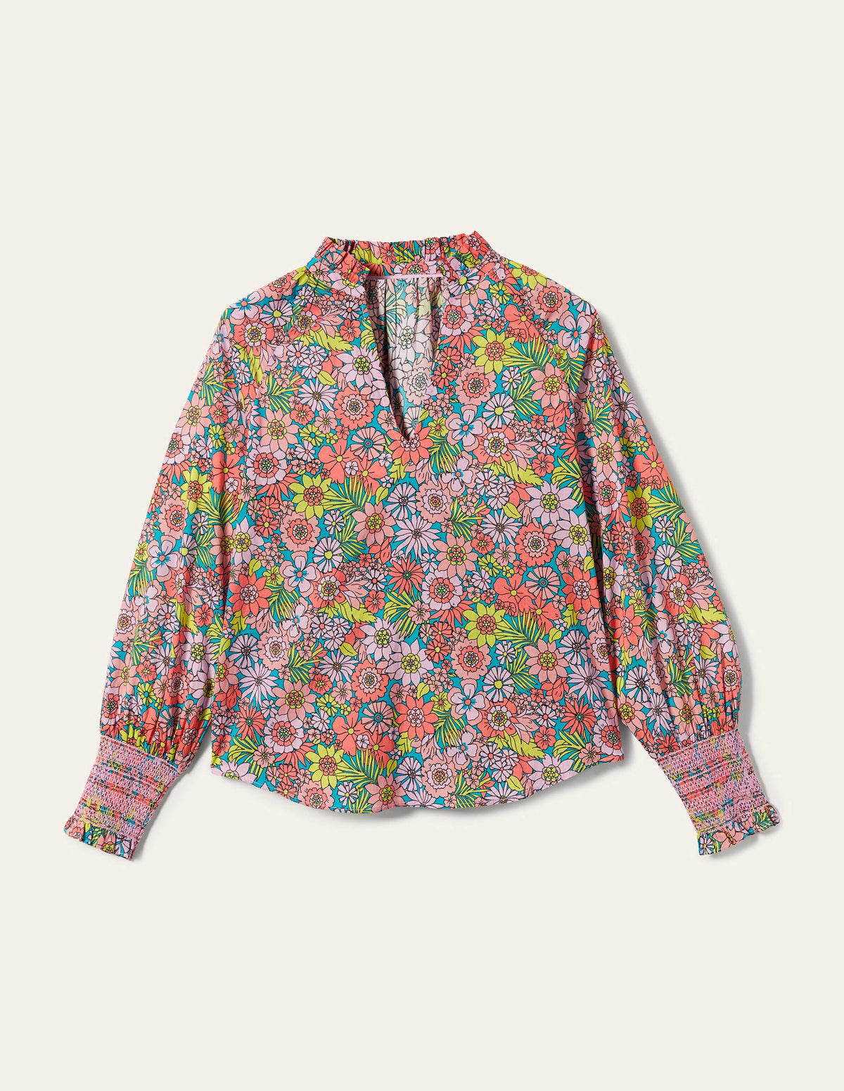 Smocked Cuff Printed Top-Bonbon Pink, Bloom Garden - Image 9