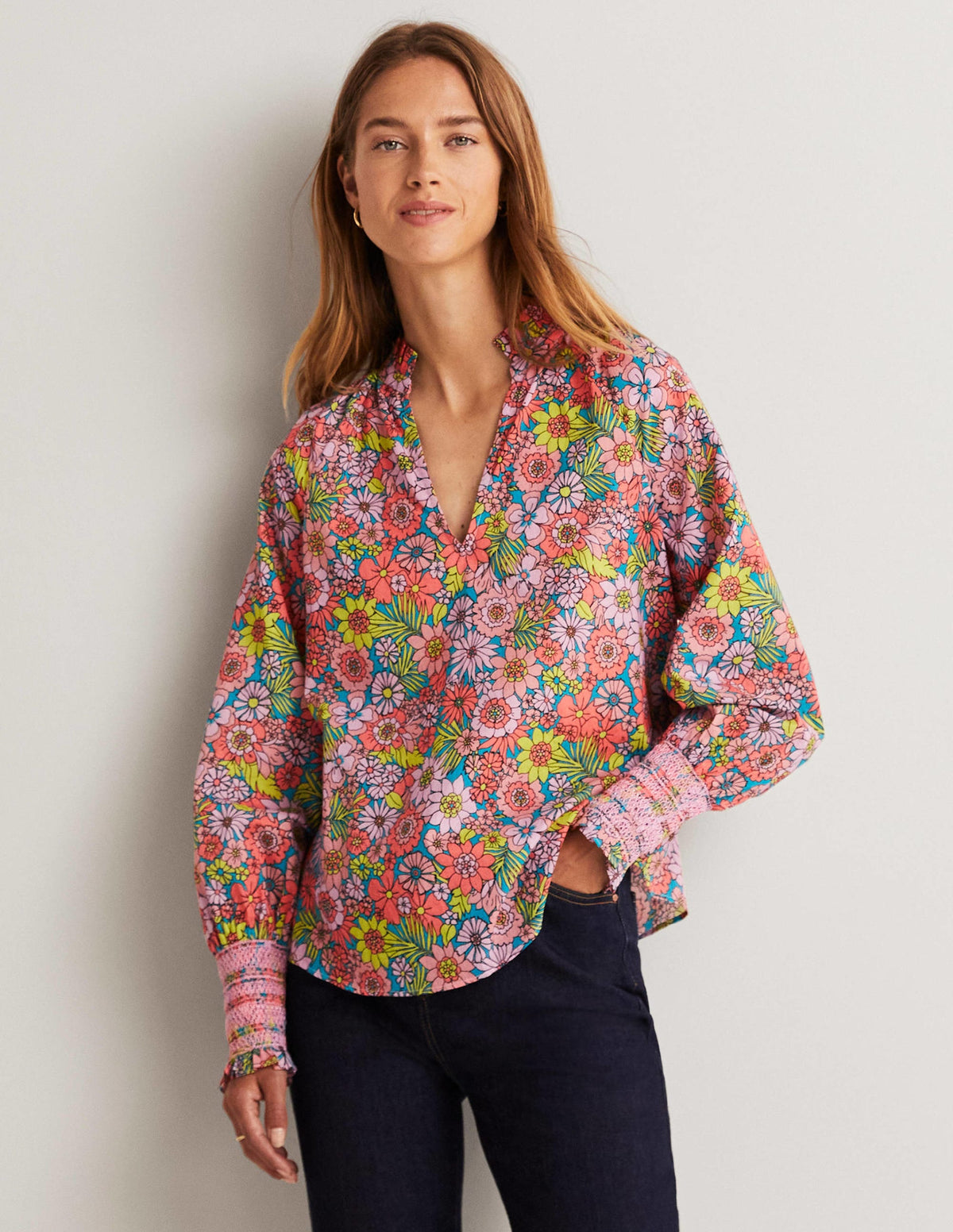 Smocked Cuff Printed Top-Bonbon Pink, Bloom Garden - Image 1