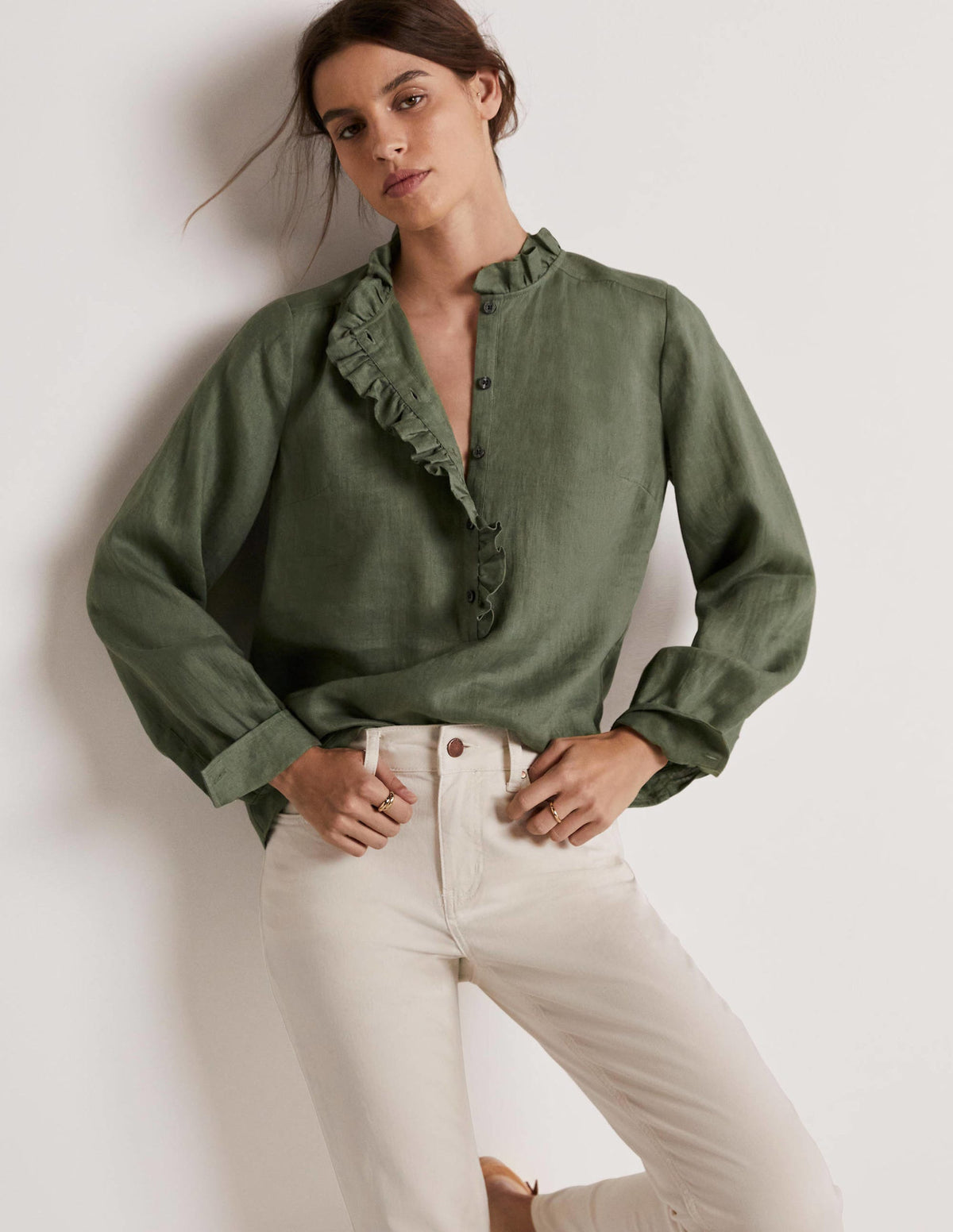 Ruffle Linen Popover Blouse-Alder Green - Image 7