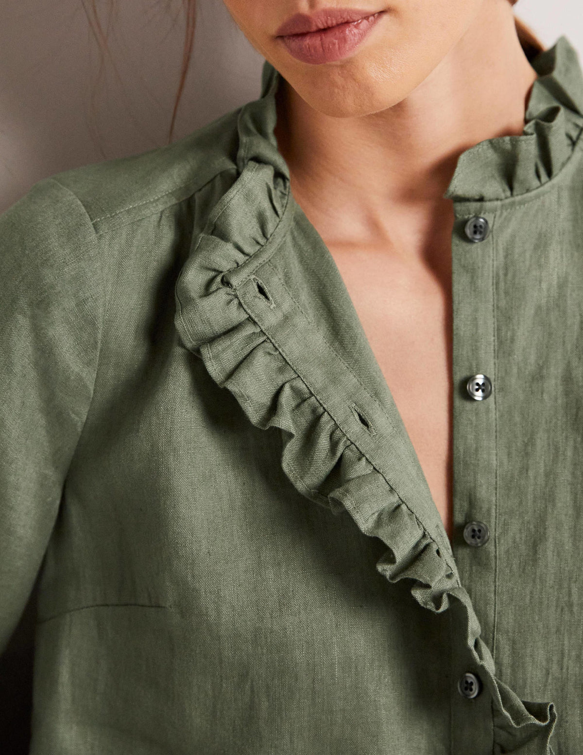 Ruffle Linen Popover Blouse-Alder Green-8