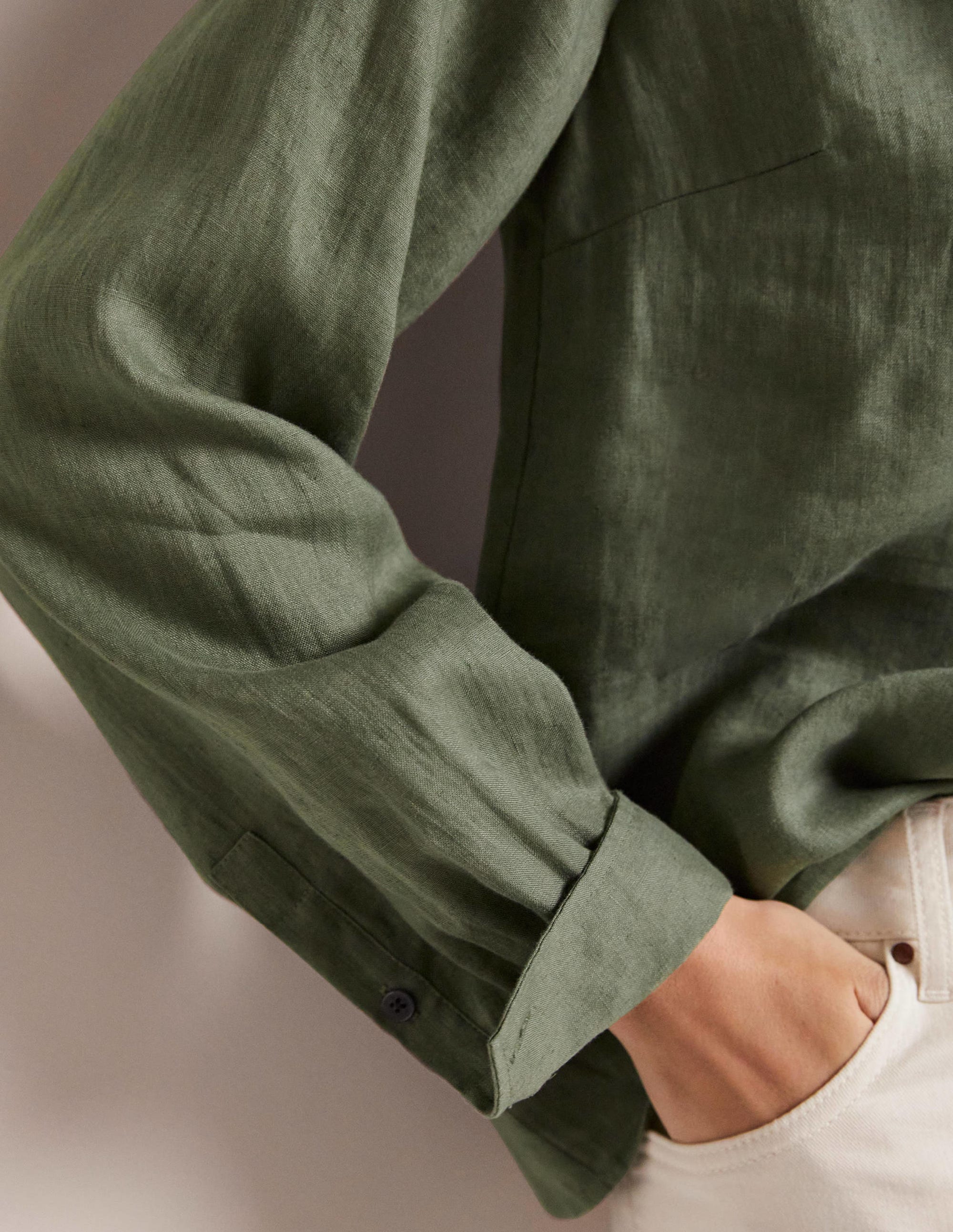 Ruffle Linen Popover Blouse-Alder Green - Image 11