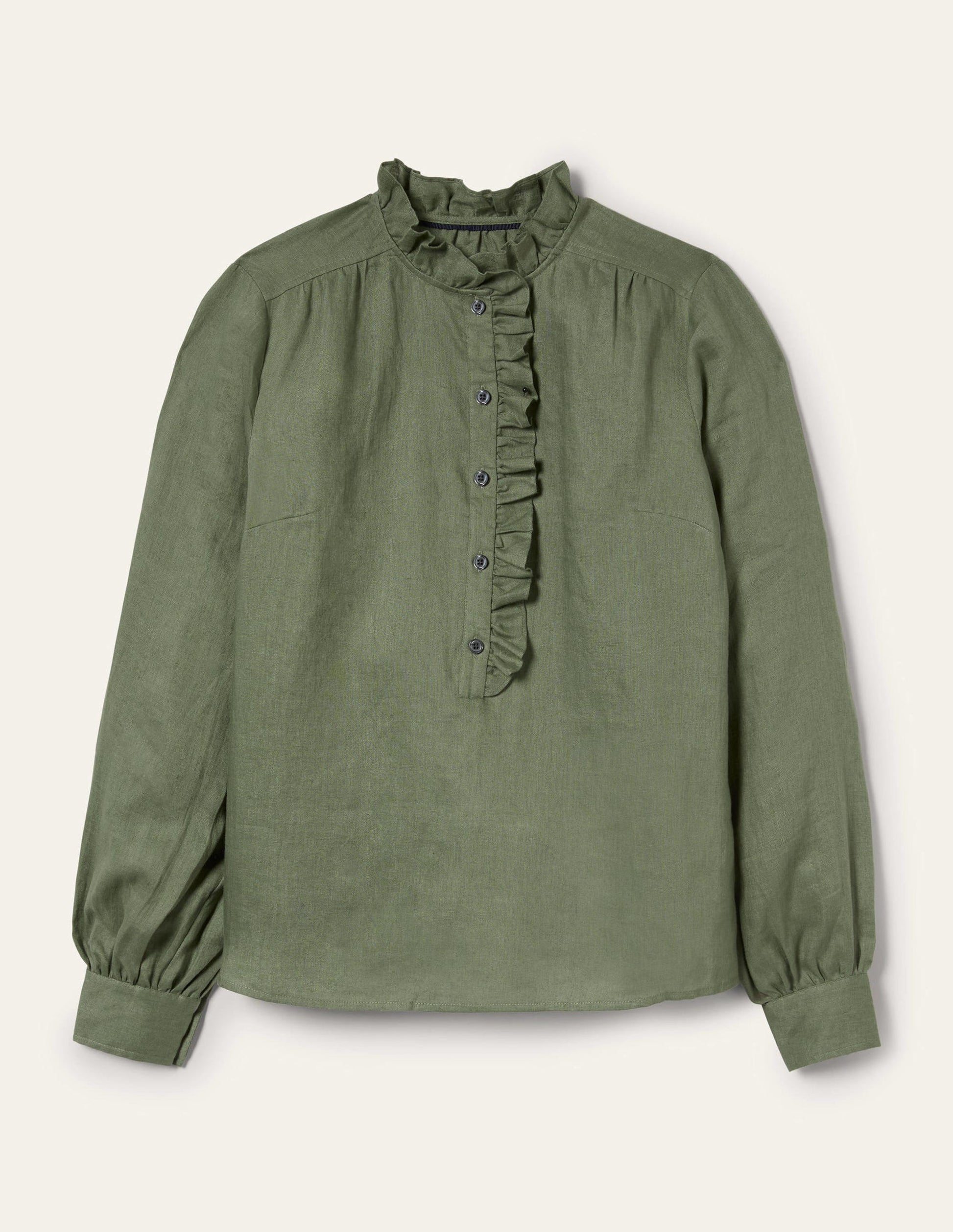 Ruffle Linen Popover Blouse-Alder Green-12