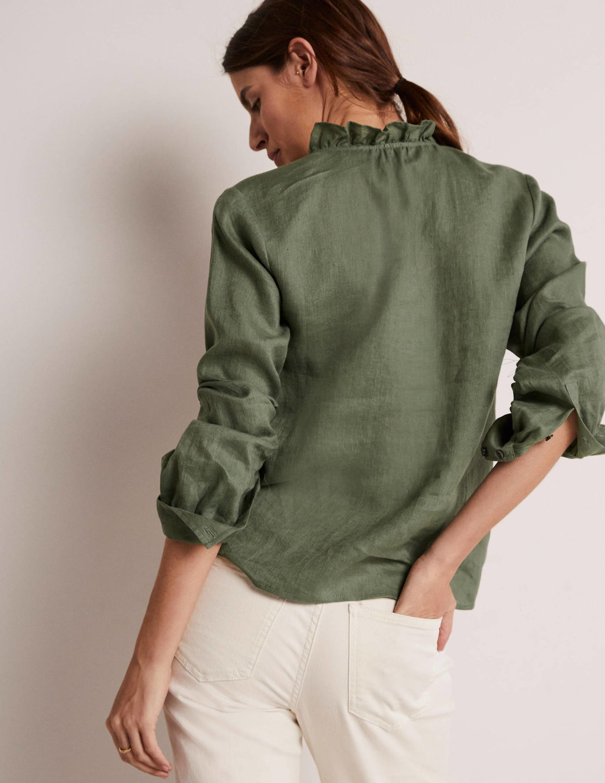 Ruffle Linen Popover Blouse-Alder Green - Image 3