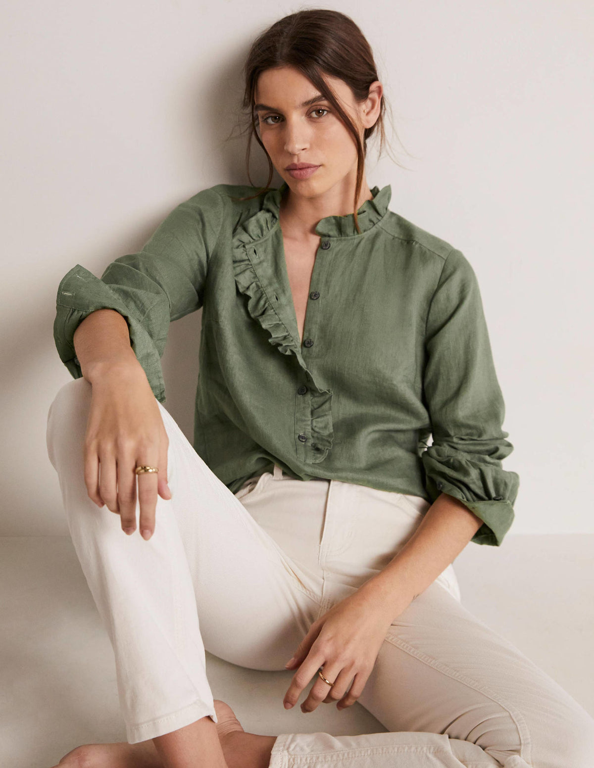 Ruffle Linen Popover Blouse-Alder Green-4
