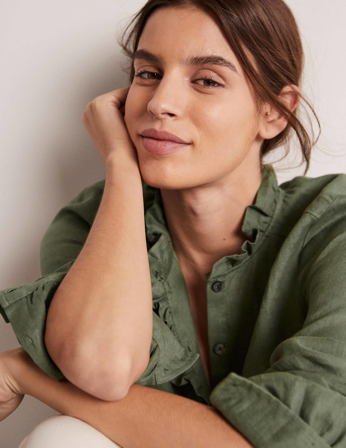 Ruffle Linen Popover Blouse-Alder Green - Image 6