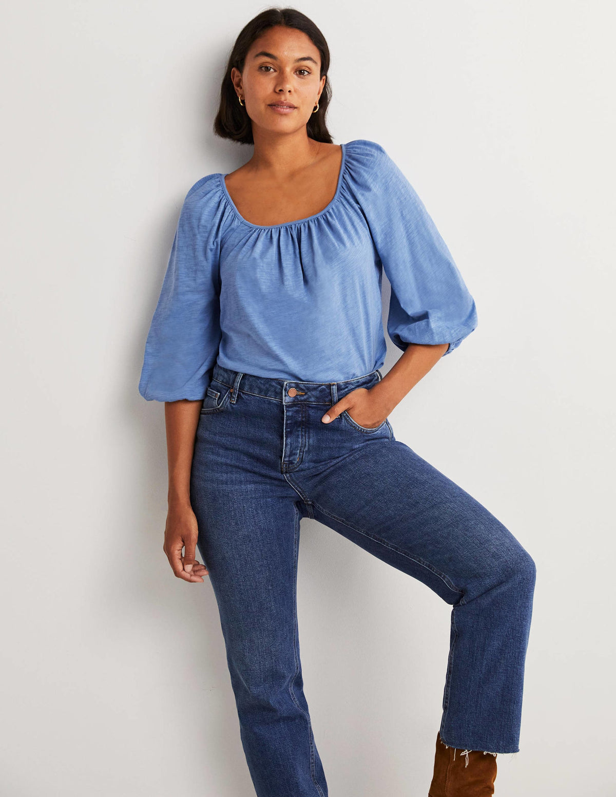 Blouson Sleeve Cotton Top-Riviera Blue - Image 1