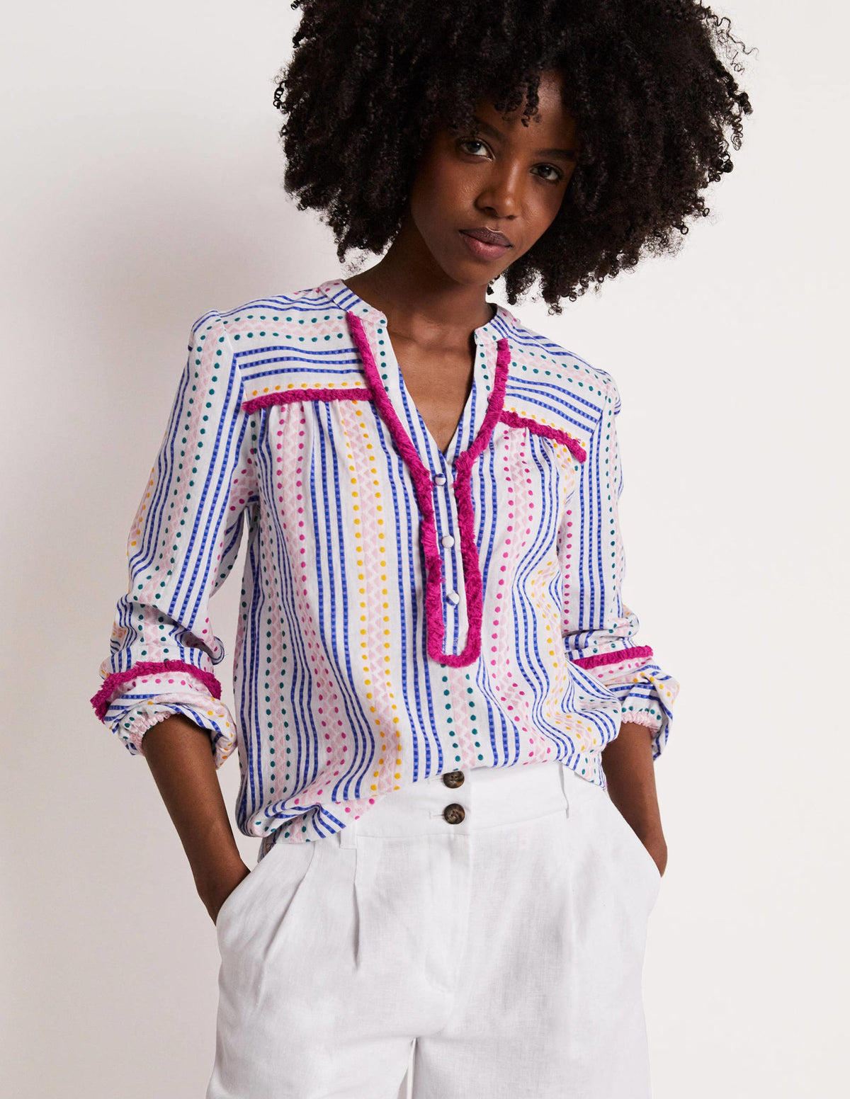 Trim Detail Cotton Top-Multi Dobby Stripe - Image 1