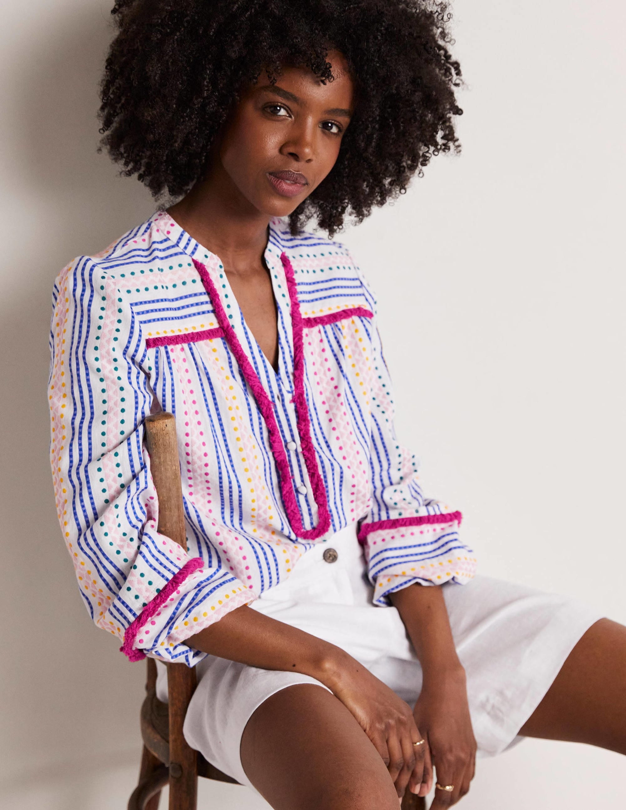 Trim Detail Cotton Top-Multi Dobby Stripe - Image 4