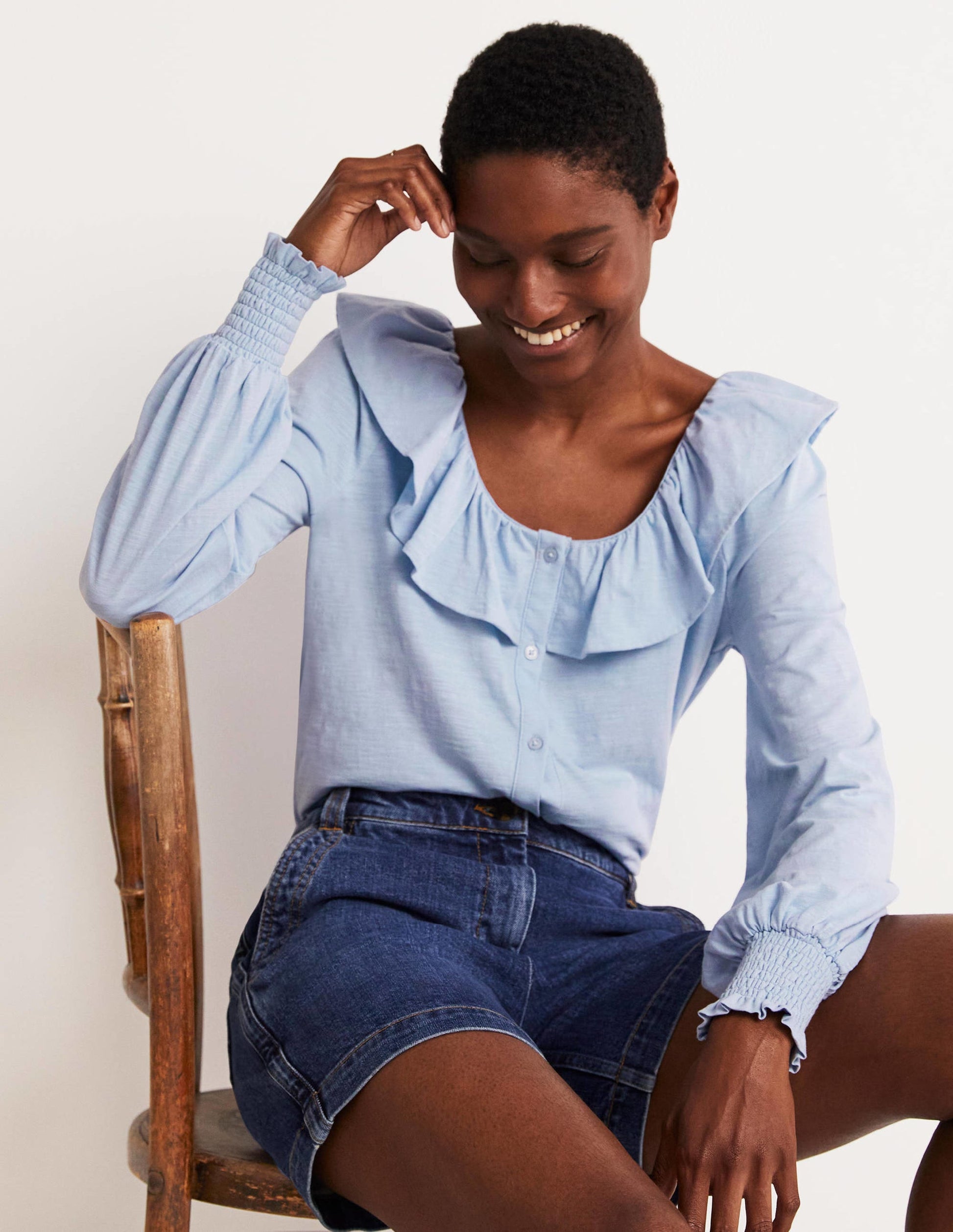 Scoop Frill Neck Jersey Top-Brunnera Blue-1