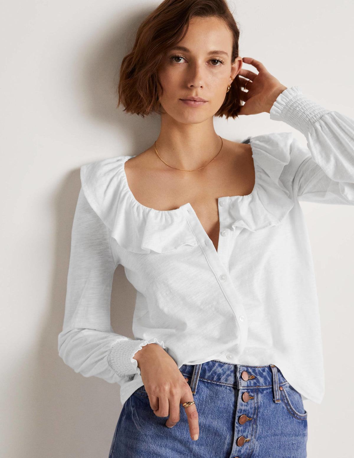Scoop Frill Neck Jersey Top-White-5