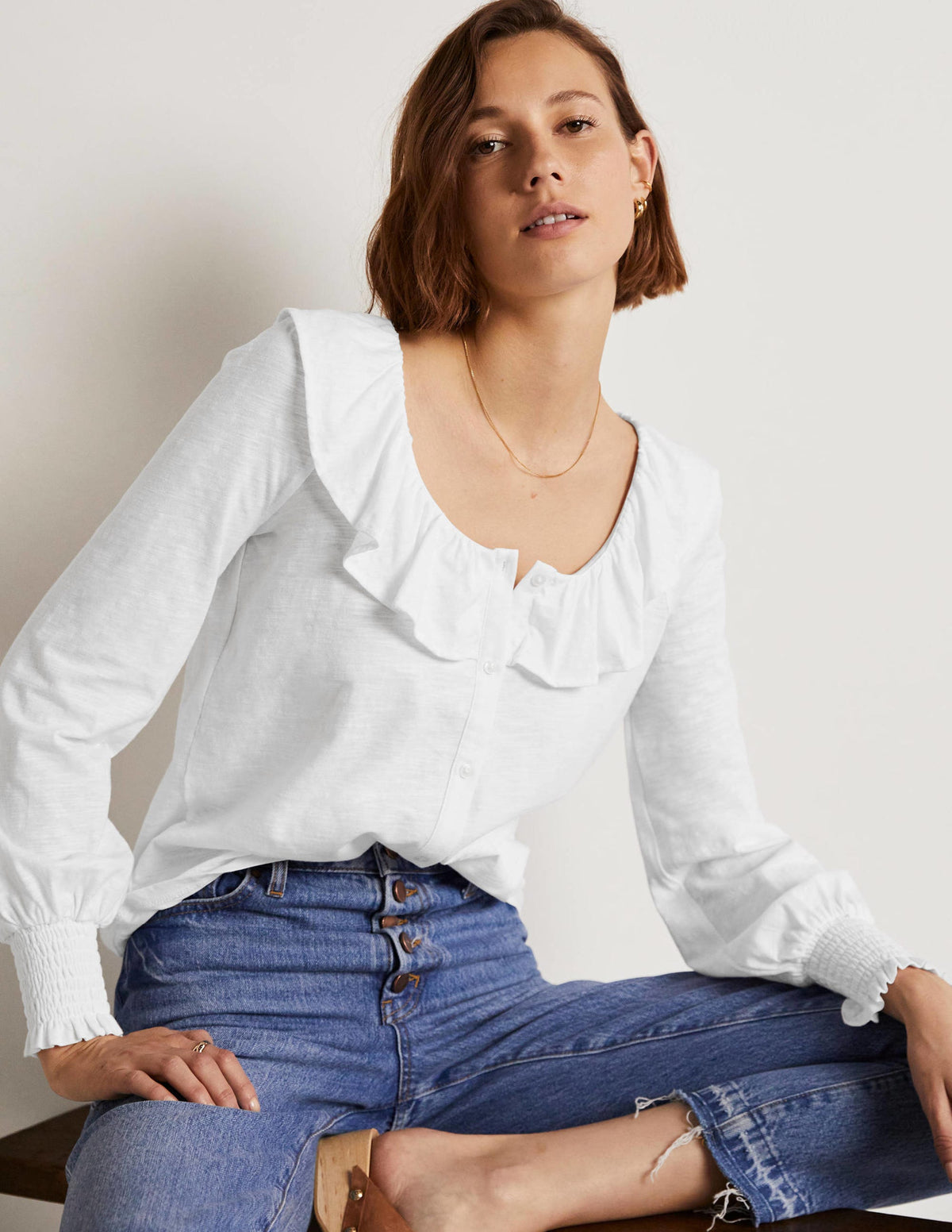 Scoop Frill Neck Jersey Top-White-4