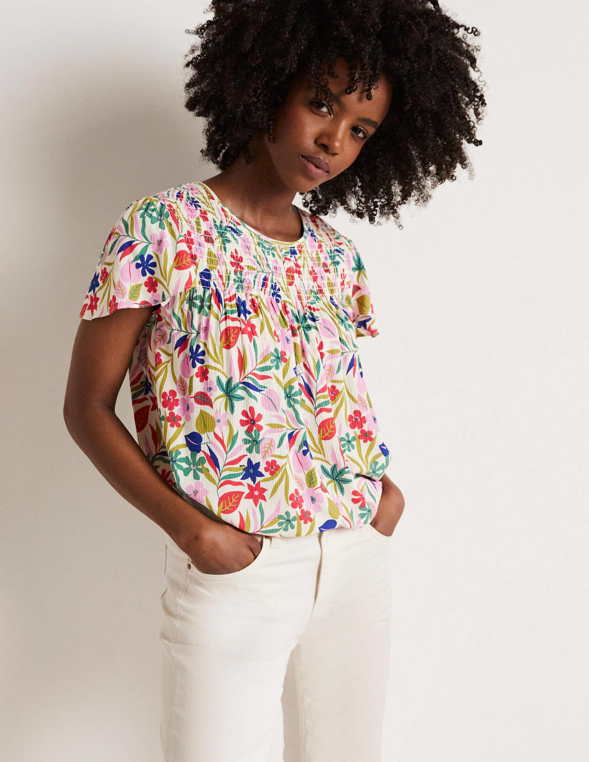 Layla Printed Smocked Top-Multi, Tropic Foliage-1