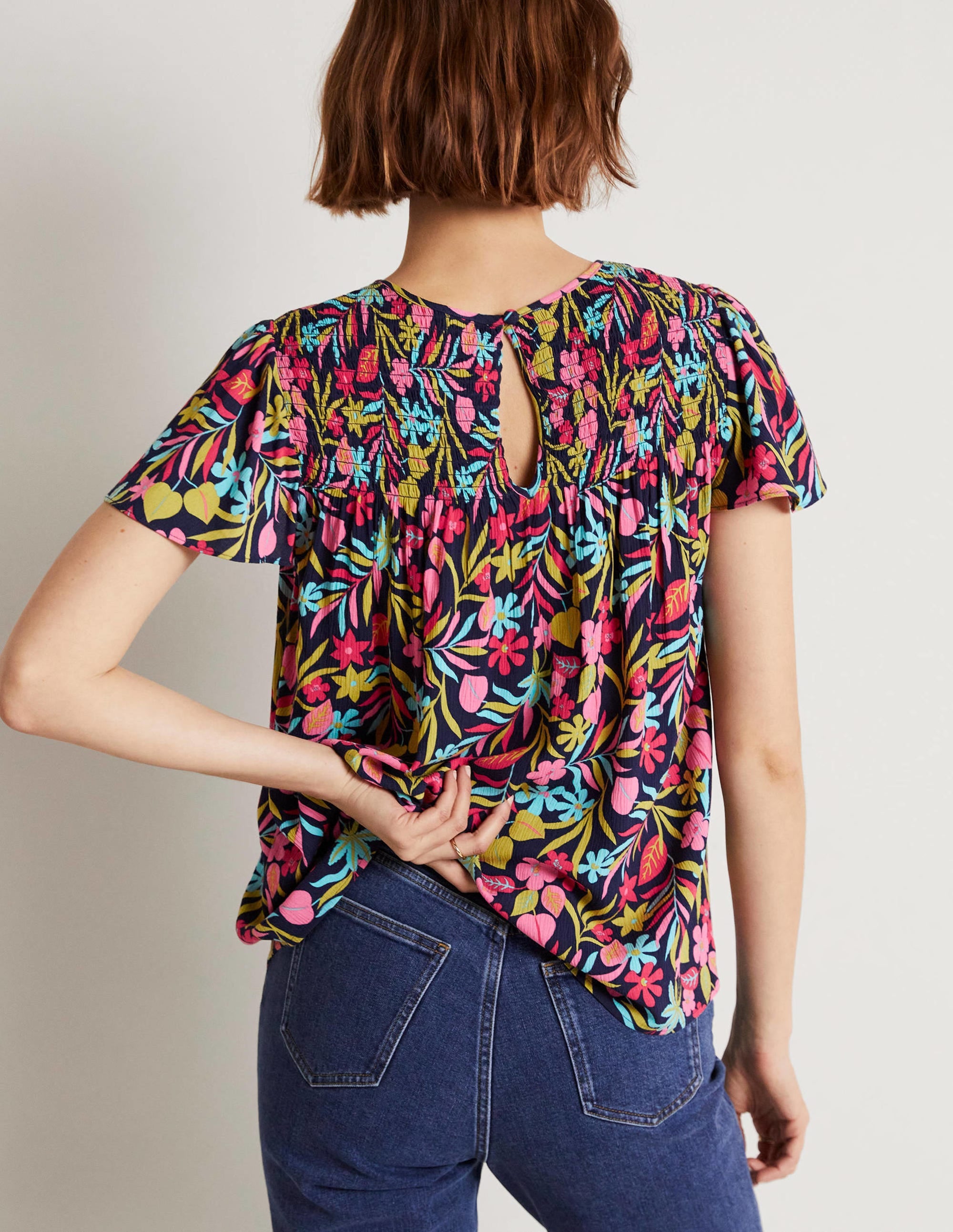 Layla Printed Smocked Top-French Navy, Tropic Foliage - Image 7