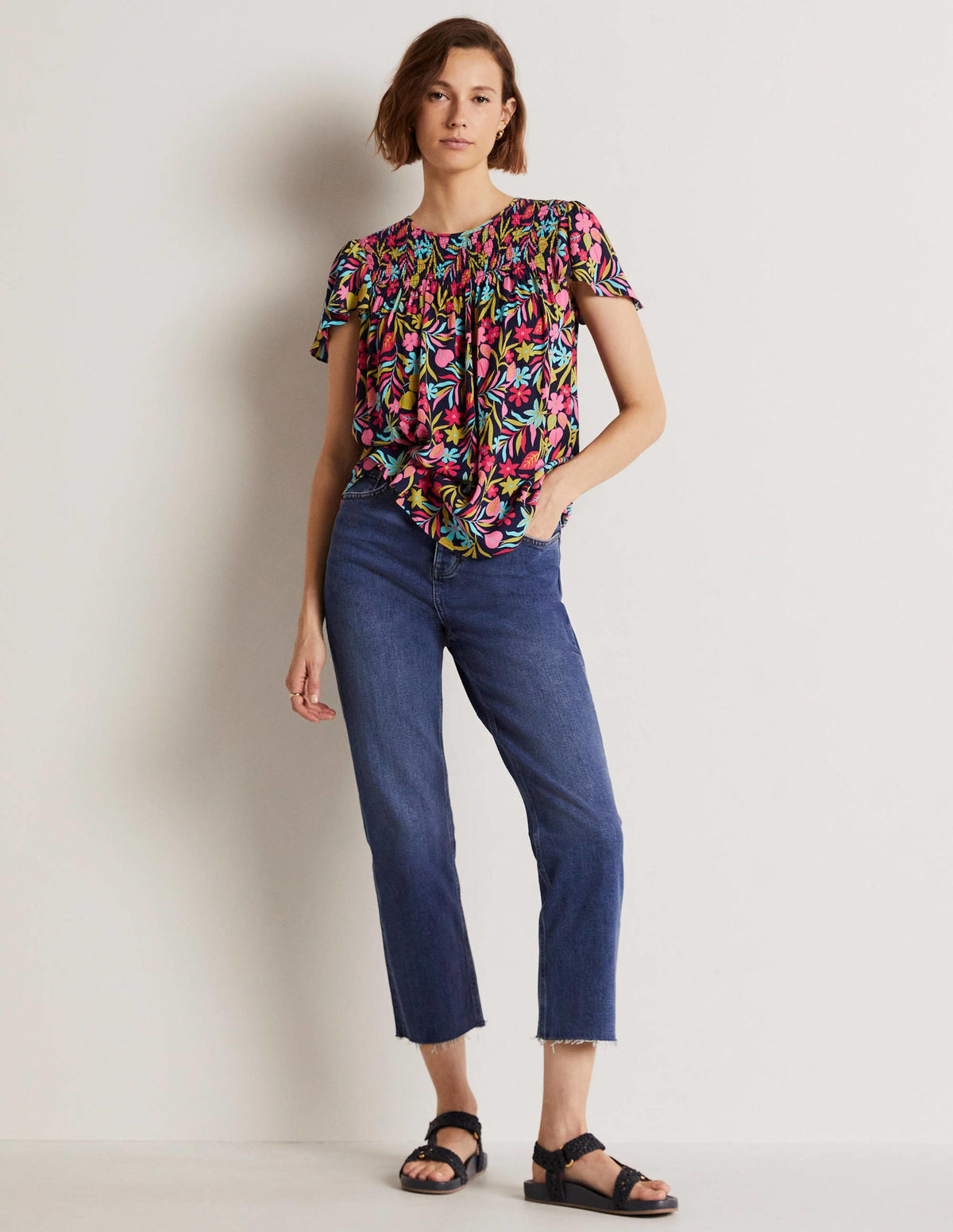 Layla Printed Smocked Top-French Navy, Tropic Foliage - Image 8
