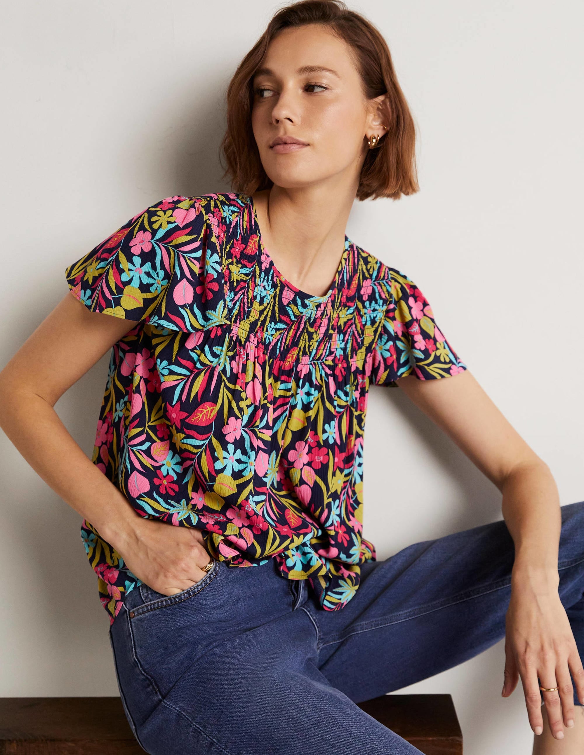 Layla Printed Smocked Top-French Navy, Tropic Foliage - Image 1
