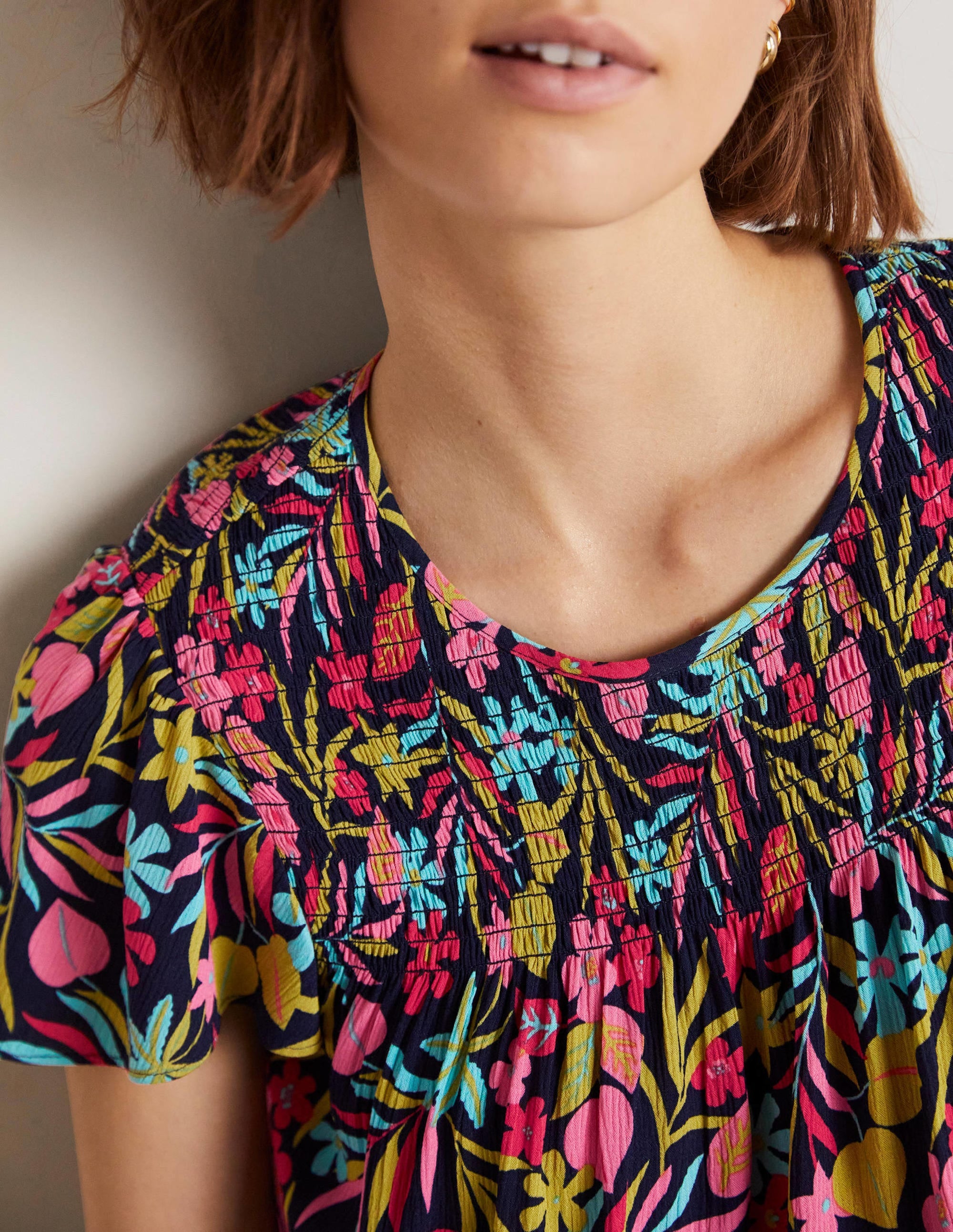 Layla Printed Smocked Top-French Navy, Tropic Foliage - Image 2