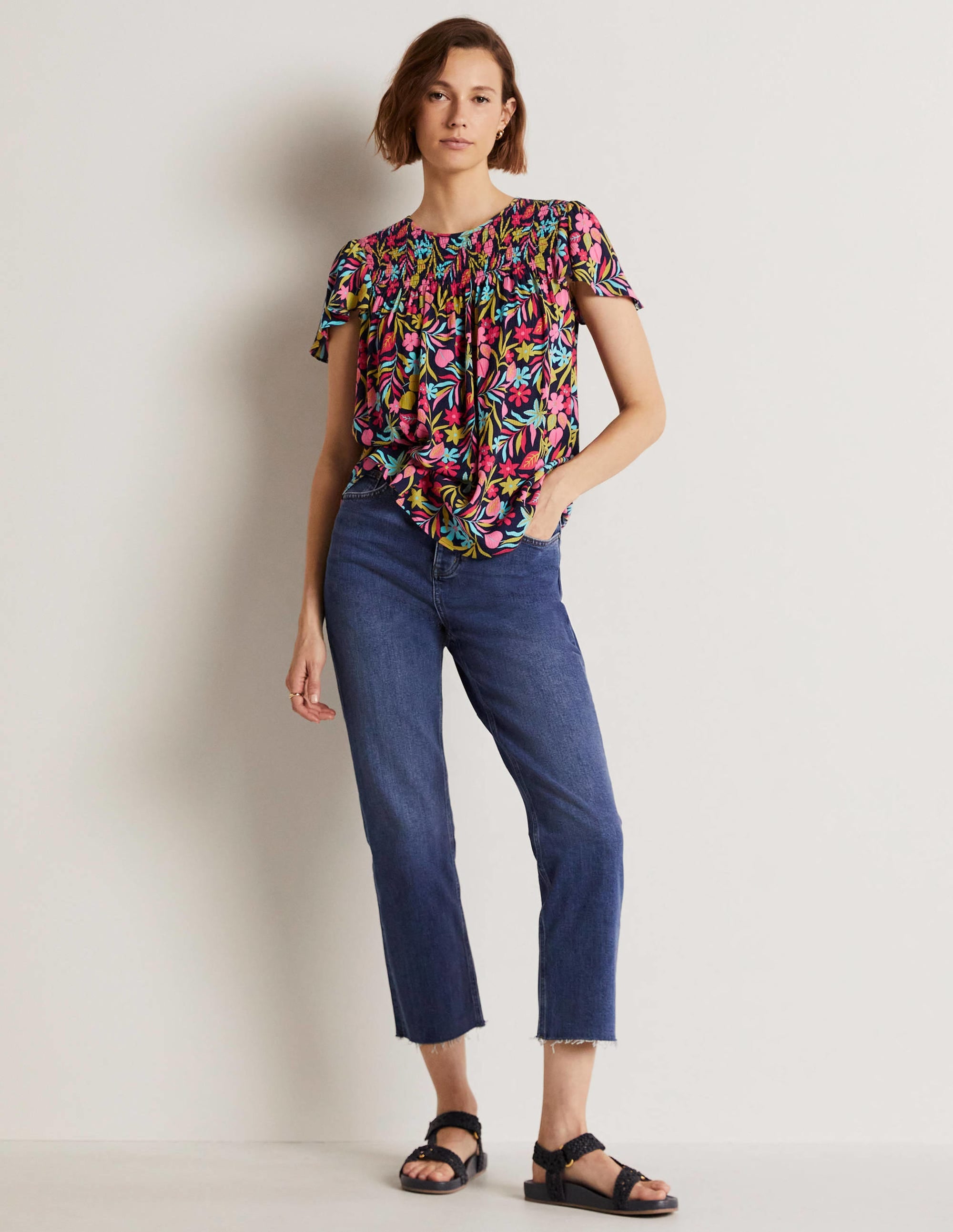 Layla Printed Smocked Top-French Navy, Tropic Foliage - Image 4
