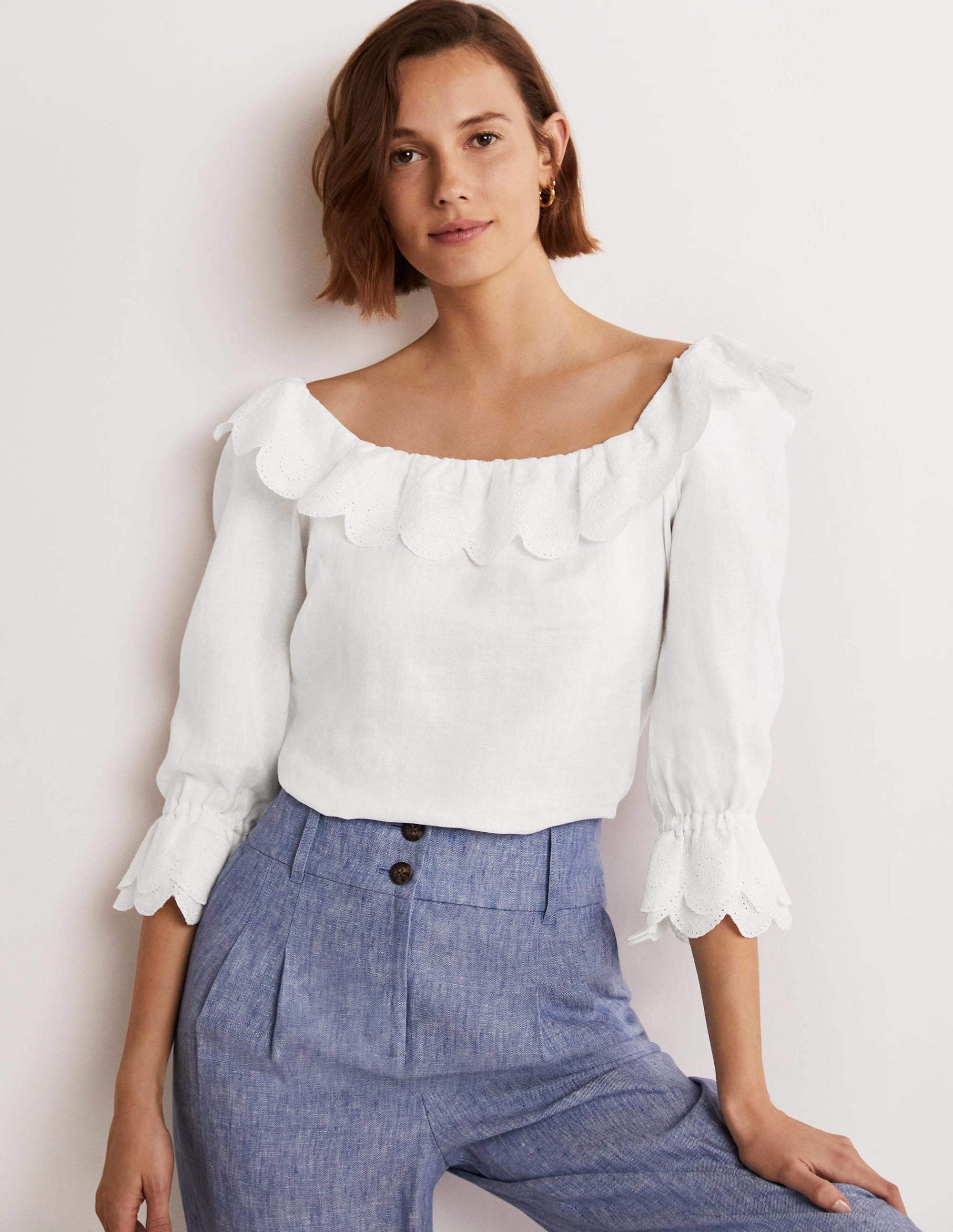 Square Neck Frill Linen Blouse-White - Image 5