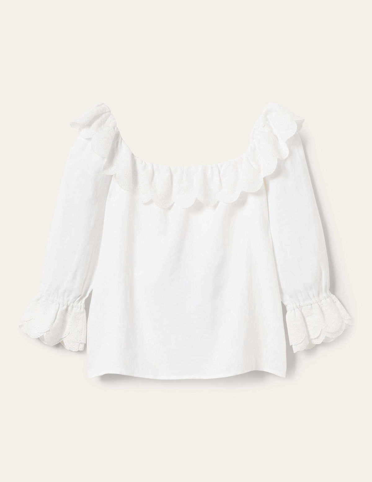 Square Neck Frill Linen Blouse-White-8